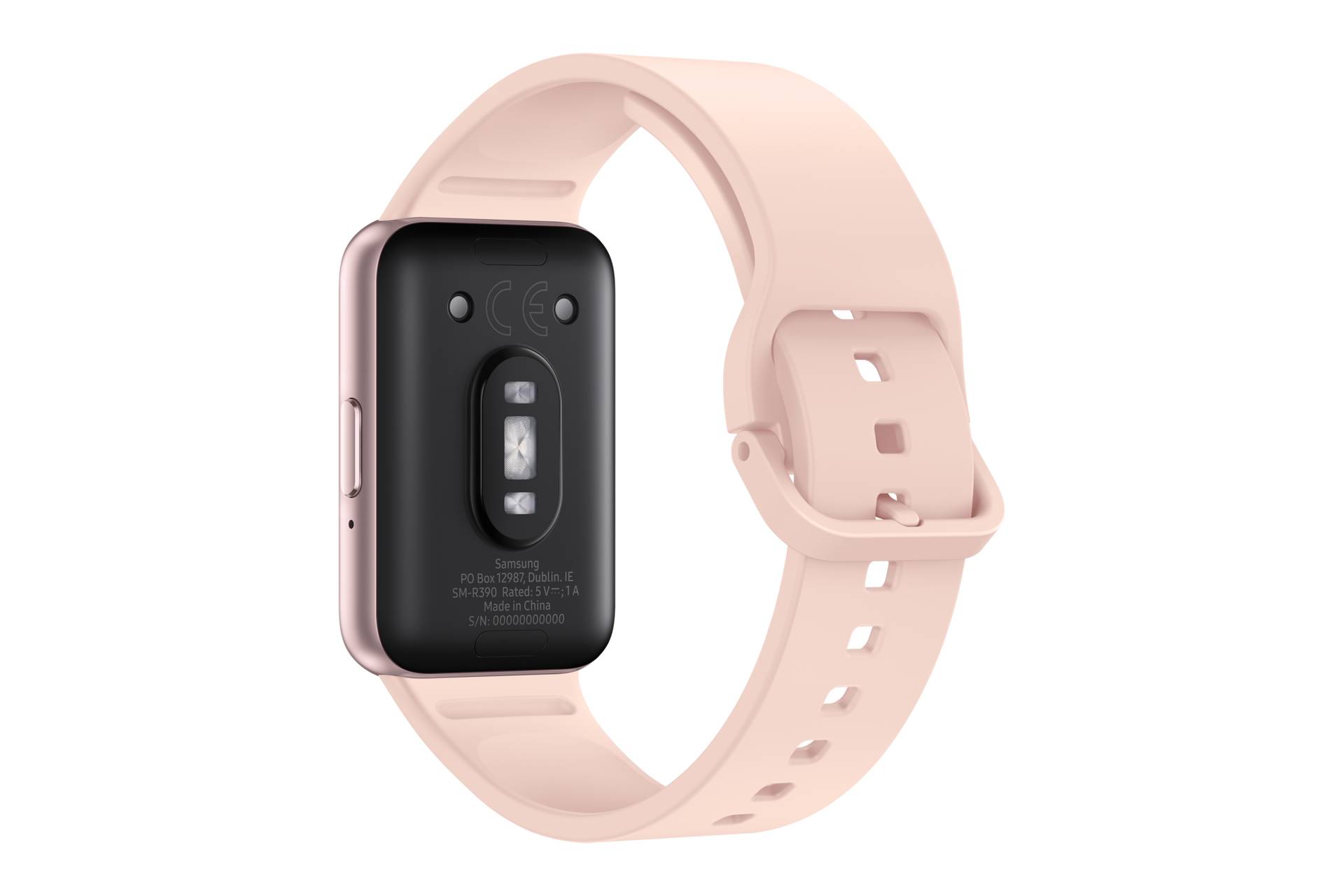 Rosa Smartwatch mit einem rechteckigen schwarzen Sensormodul und verstellbarem Armband, auf schwarzem Hintergrund dargestellt.