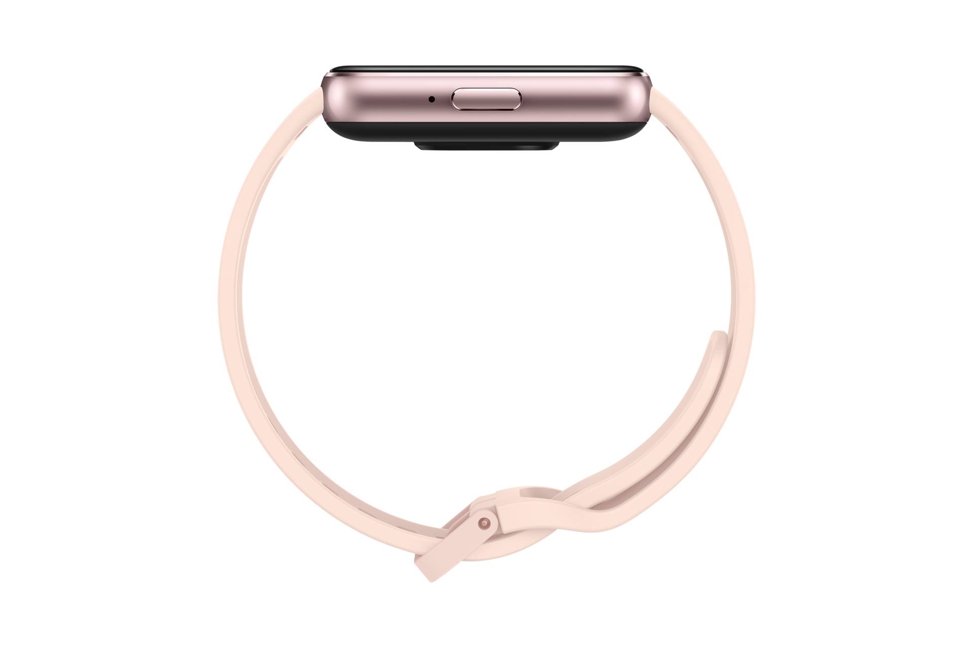Seitenansicht einer rosa Apple Watch mit geschlossenem Dornschließen-Armband auf schwarzem Hintergrund.