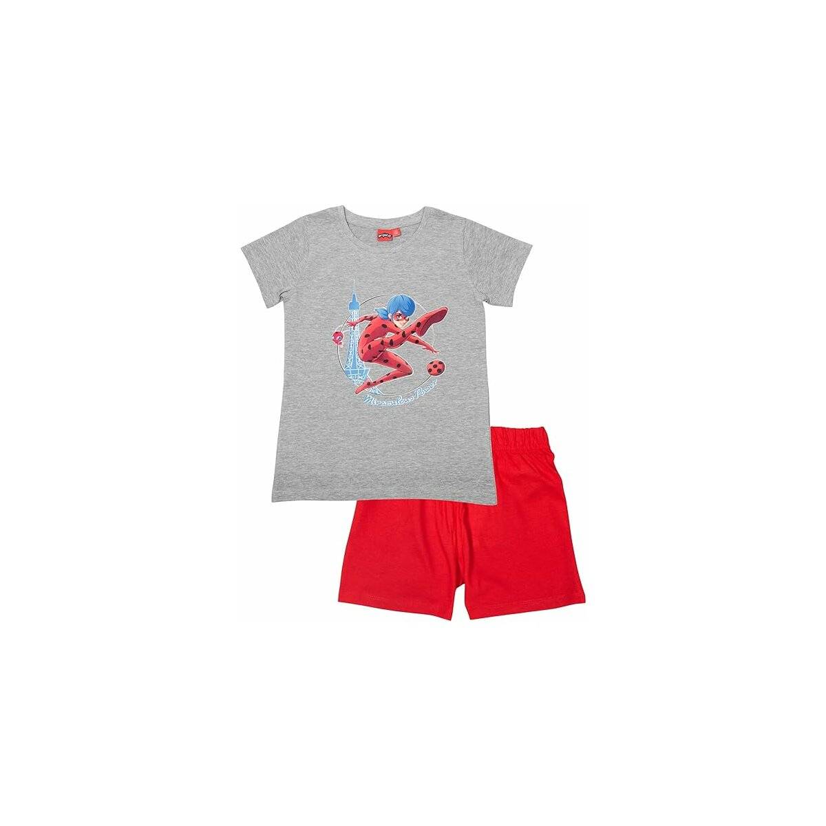 United Labels Miraculous Schlafanzug für Mädchen - Ladybug Kinder Pyjama Set Kurzarm Oberteil mit Hose Grau/Rot 110/116