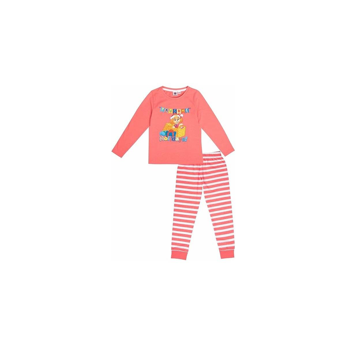 Paw Patrol Schlafanzug für Mädchen - Christmas Kinder Winter Pyjama Set Weihnachten Langarm mit Hose Coral/Weiß 98/104