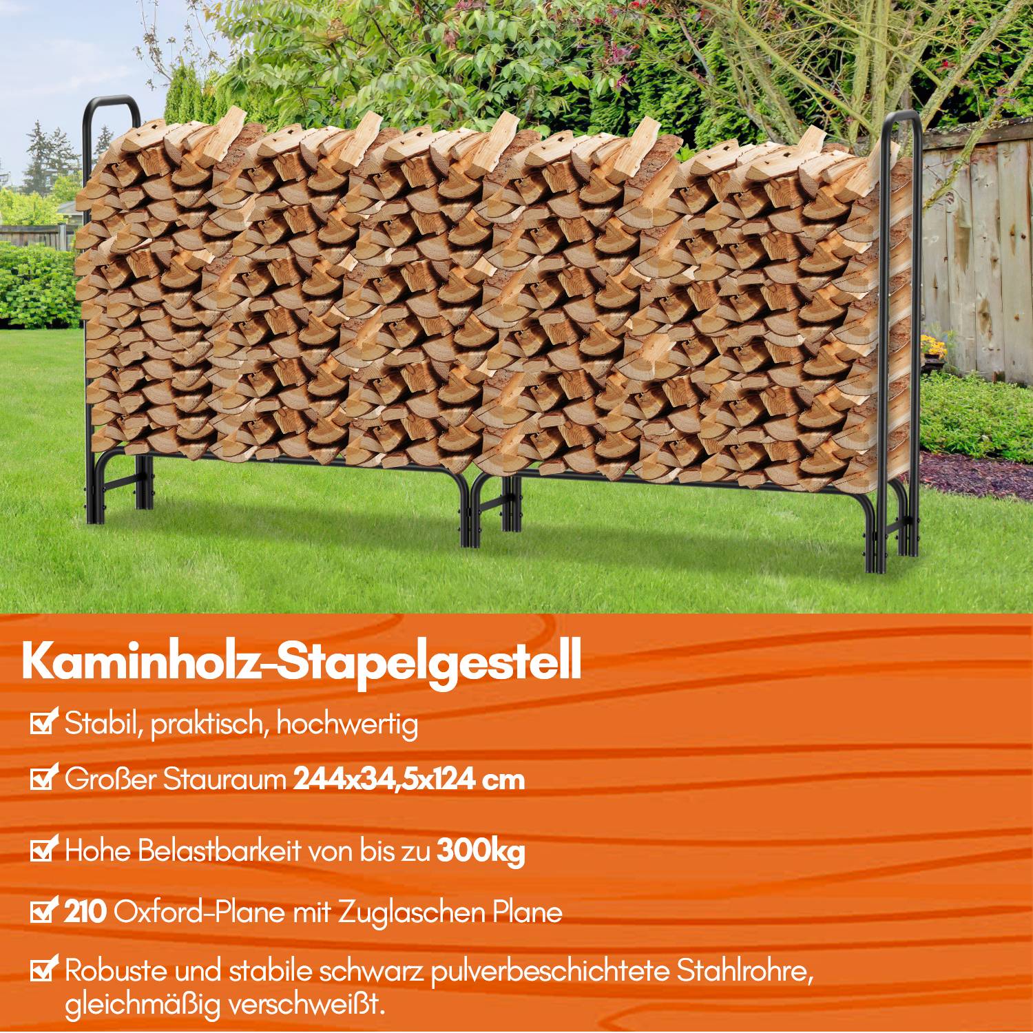 Kaminholzregal 224 x 34.5 x 124 cm Brennholzregal Kaminholzständer Metall Stapelhilfe Mit Schutzplane