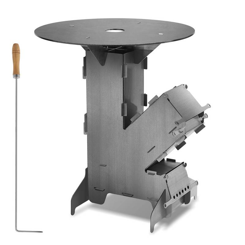 Raketenofen Raketenofen mit Feuerstellen-Poker Feuerplatte 50cm für Camping Dutch Oven Campingkocher Rocket Stove Grillen Hobo Holzofen