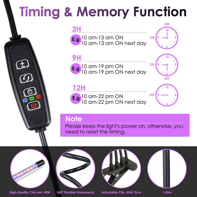 Pflanzenlampe Pflanzenleuchte LED Grow Light 40 W – automatischer Timer 3–6–12 Stunden