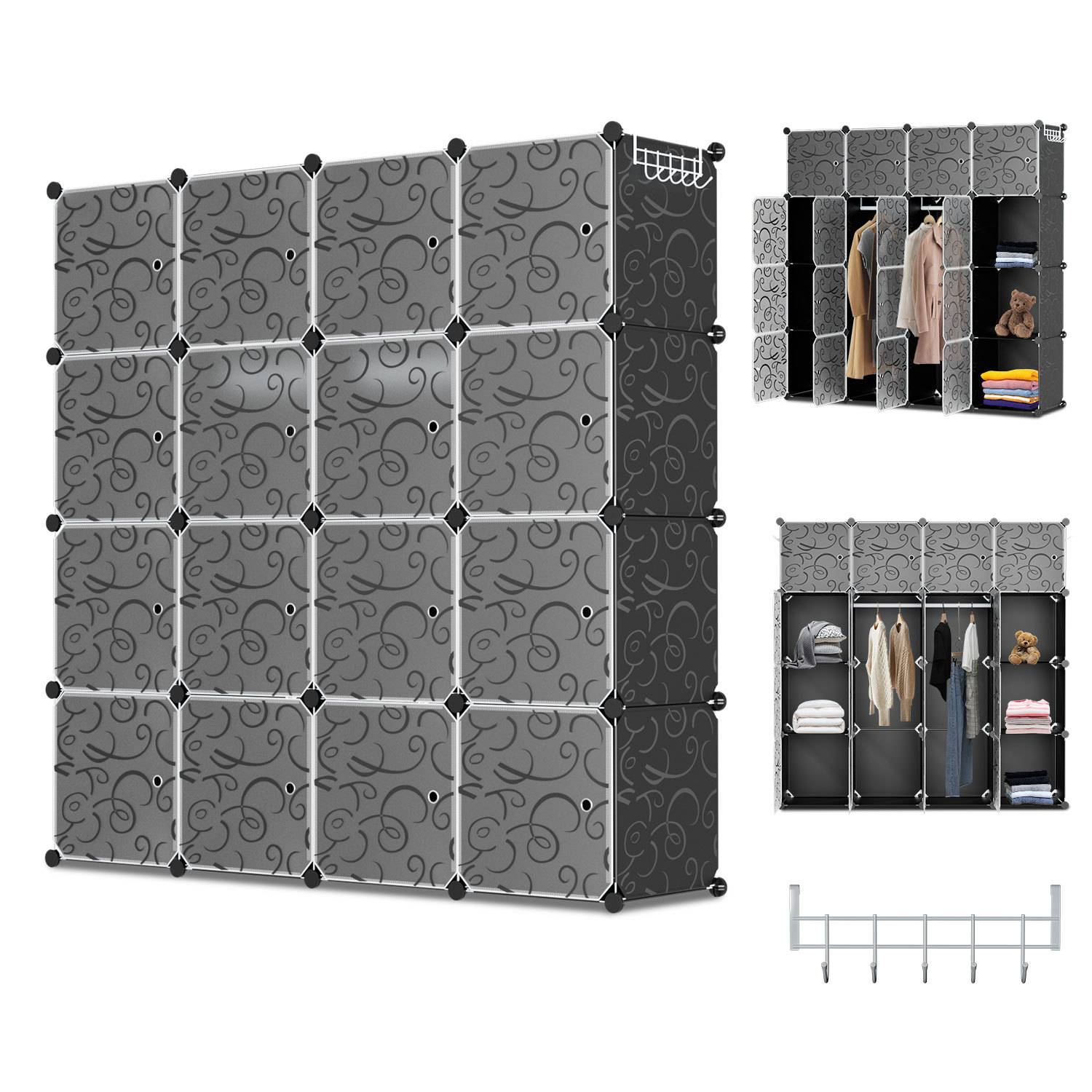Modularer Würfel-Kleiderschrank-Organizer, in mehreren Konfigurationen zusammengebaut gezeigt, mit Kleiderstangen, Regalen und Aufbewahrungsfächern für Kleidung und Accessoires.