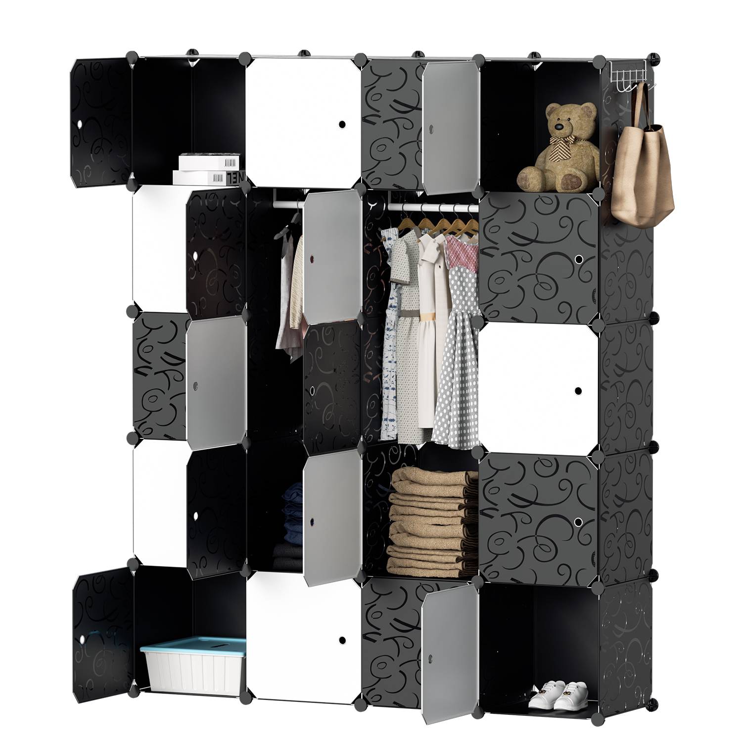 20 Fächer Kleiderschrank DIY Steckregal Set Regalsystem LBH: 175x140x35cm Kombischrank PP-Platten Garderobenschrank mit 2 Kleiderhaken