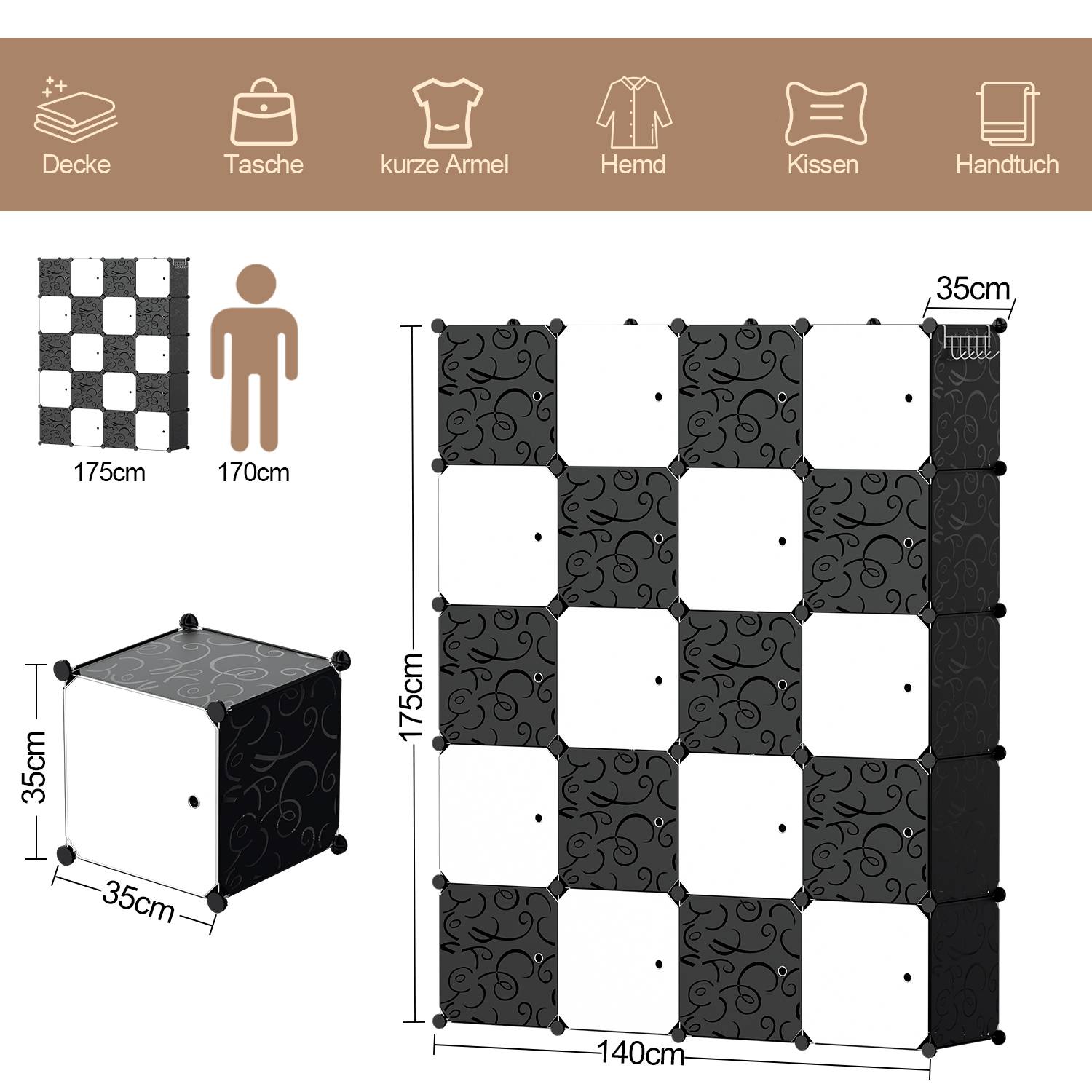 20 Fächer Kleiderschrank DIY Steckregal Set Regalsystem LBH: 175x140x35cm Kombischrank PP-Platten Garderobenschrank mit 2 Kleiderhaken