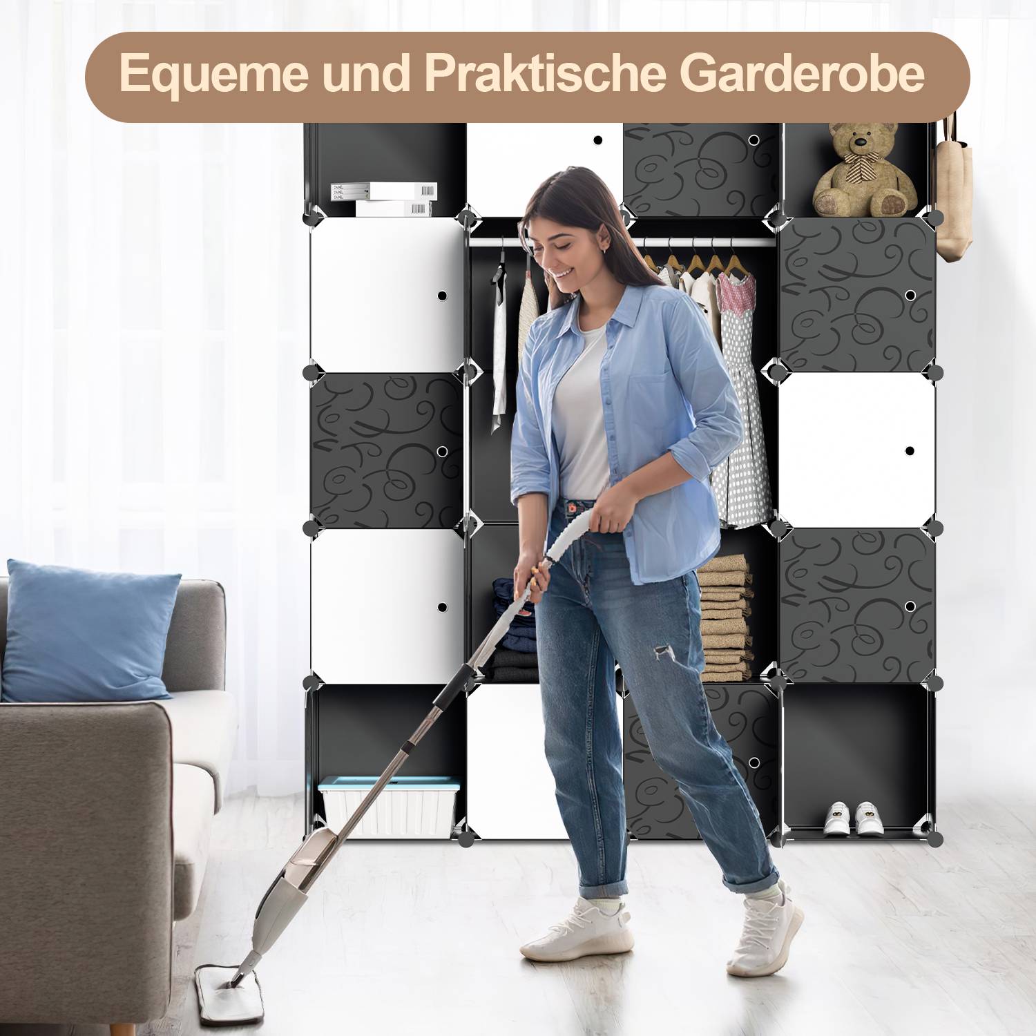 20 Fächer Kleiderschrank DIY Steckregal Set Regalsystem LBH: 175x140x35cm Kombischrank PP-Platten Garderobenschrank mit 2 Kleiderhaken