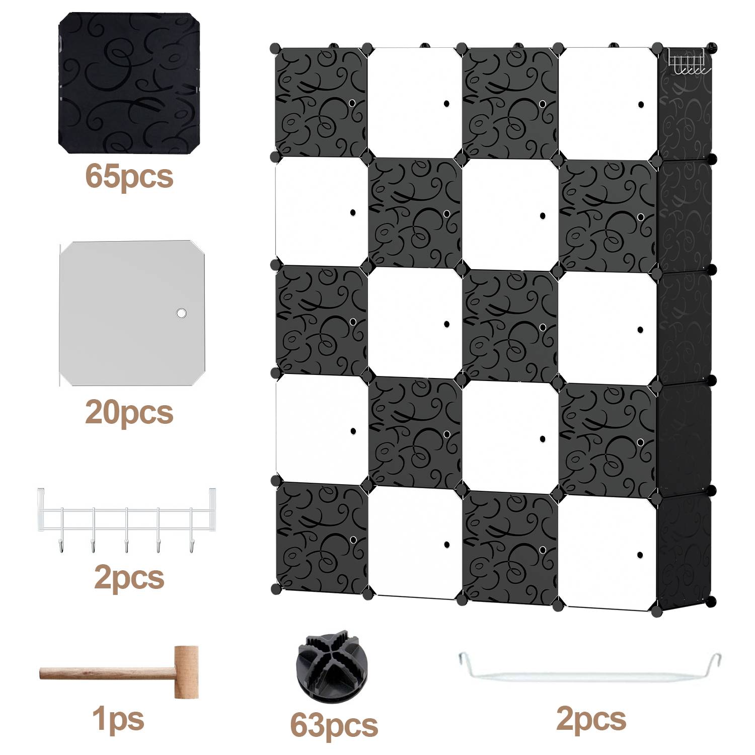 20 Fächer Kleiderschrank DIY Steckregal Set Regalsystem LBH: 175x140x35cm Kombischrank PP-Platten Garderobenschrank mit 2 Kleiderhaken