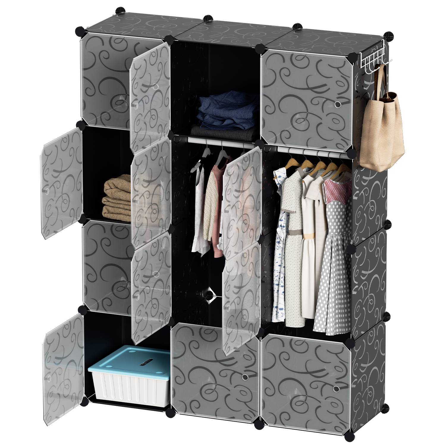 16 Fächer Kleiderschrank DIY Steckregal Set Regalsystem LBH: 140x140x35cm Kombischrank PP-Platten Garderobenschrank mit 2 Kleiderhaken