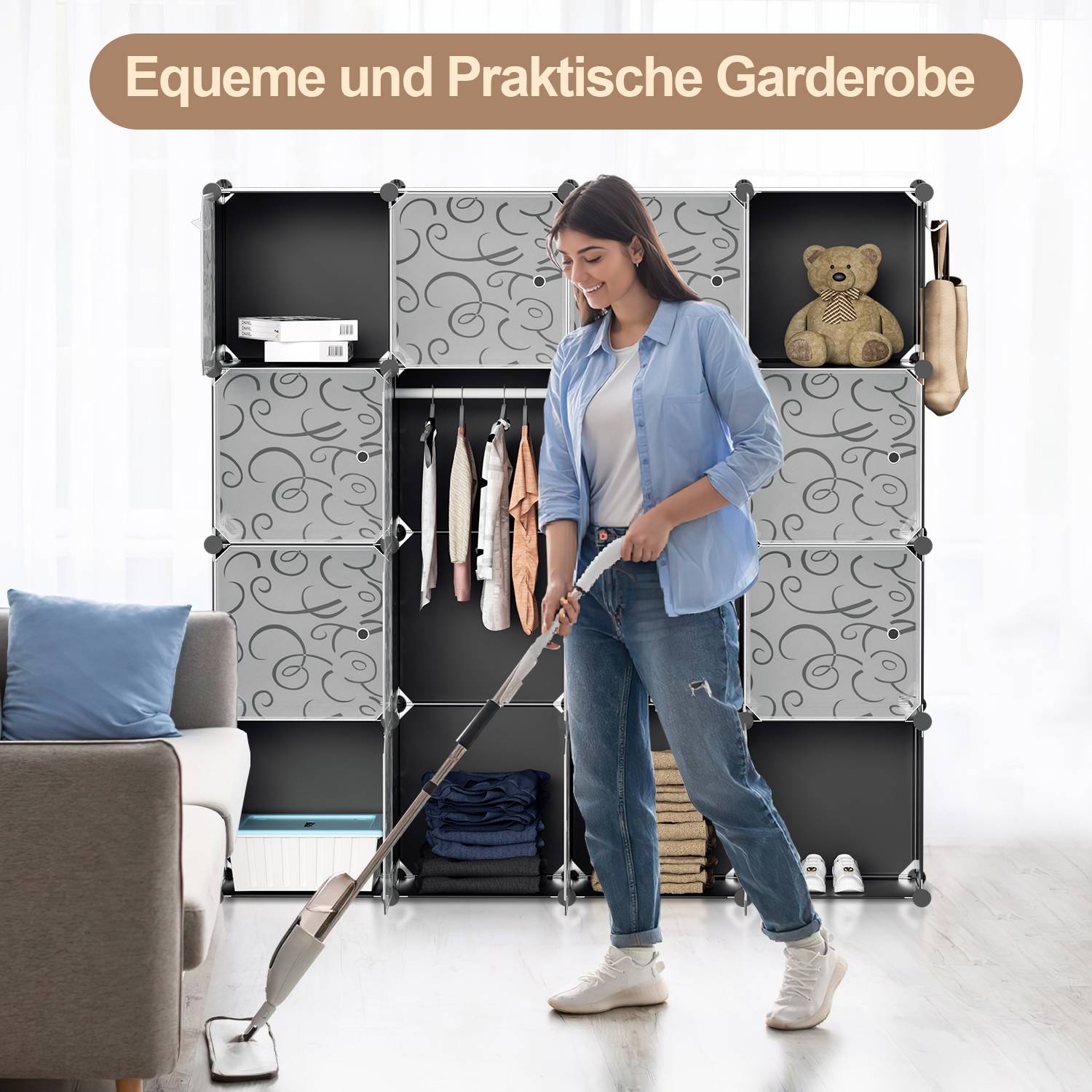16 Fächer Kleiderschrank DIY Steckregal Set Regalsystem LBH: 140x140x35cm Kombischrank PP-Platten Garderobenschrank mit 2 Kleiderhaken