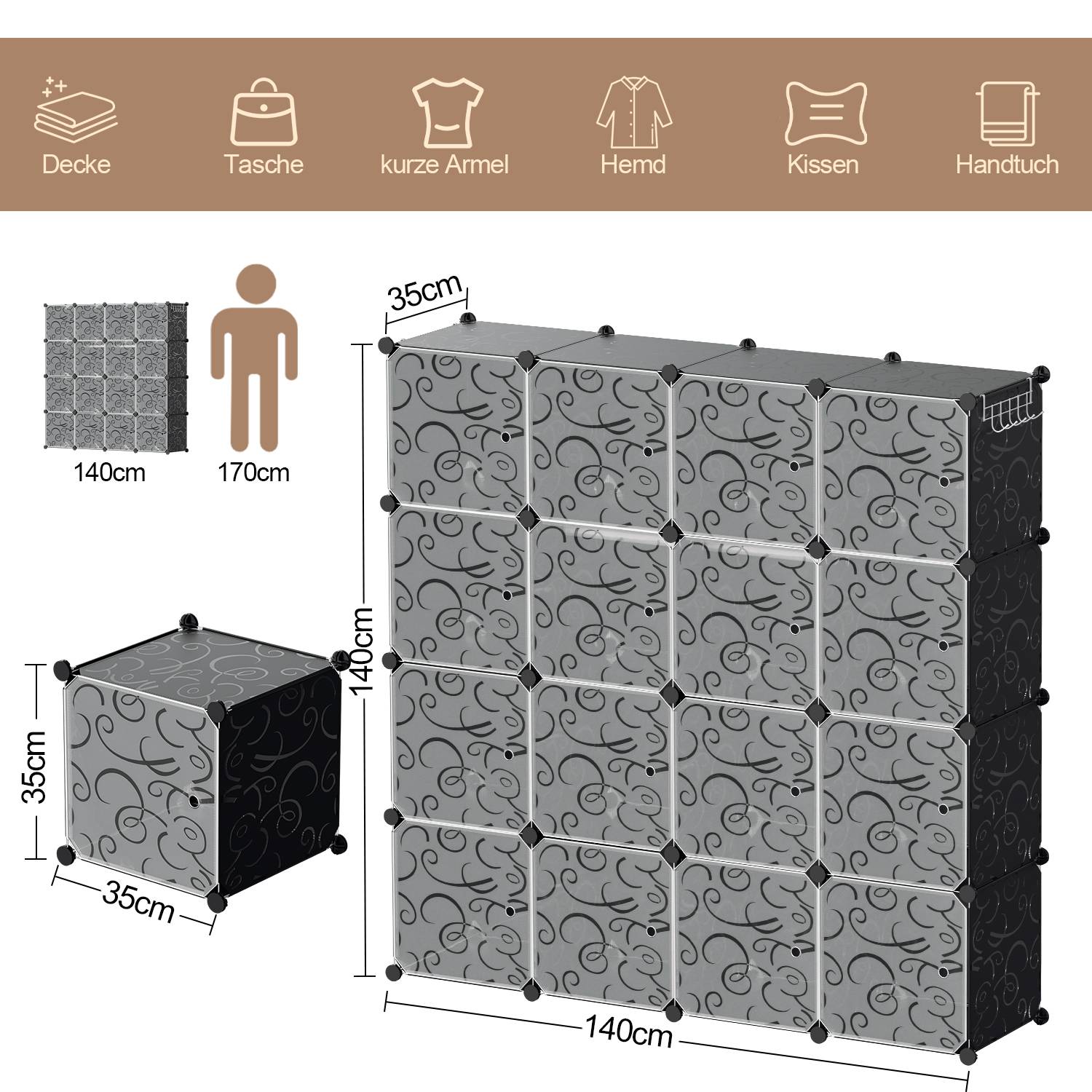 DIY Kleiderschrank 16 Fächer Steckregal Regalsystem Kombischrank Stecksystem-Set mit Tür 140x140x35cm Wasser und Staubdicht
