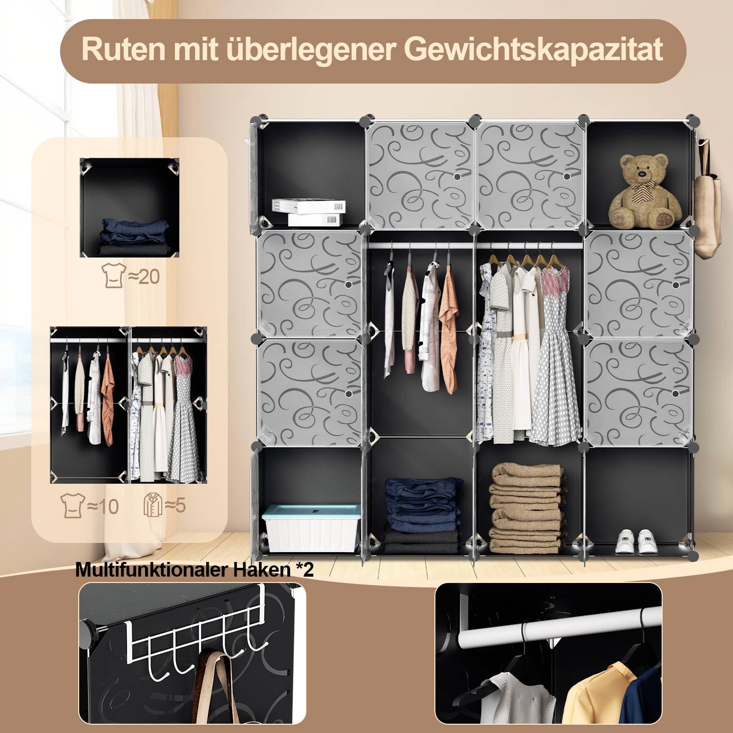 16 Fächer Kleiderschrank DIY Steckregal Set Regalsystem LBH: 140x140x35cm Kombischrank PP-Platten Garderobenschrank mit 2 Kleiderhaken
