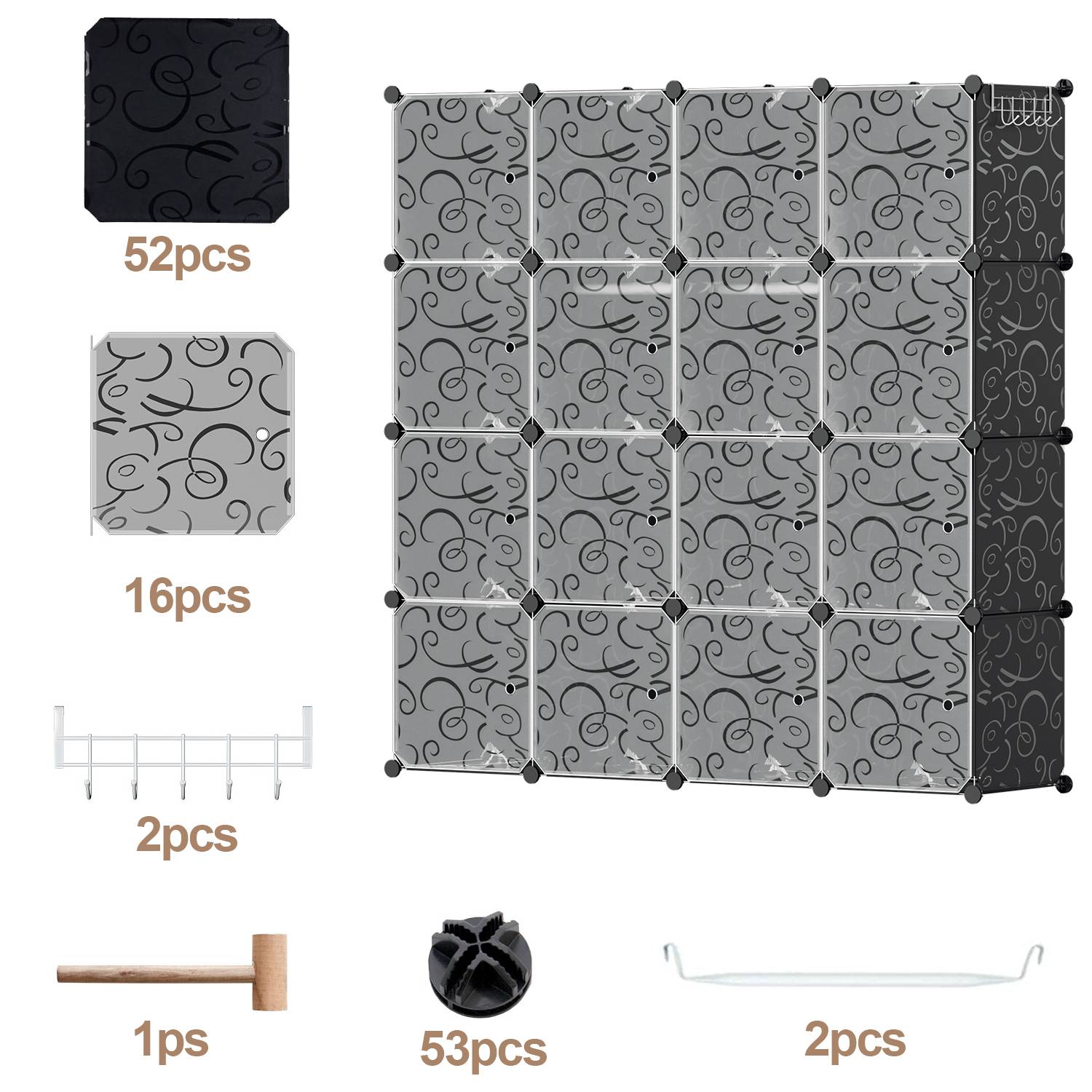 16 Fächer Kleiderschrank DIY Steckregal Set Regalsystem LBH: 140x140x35cm Kombischrank PP-Platten Garderobenschrank mit 2 Kleiderhaken