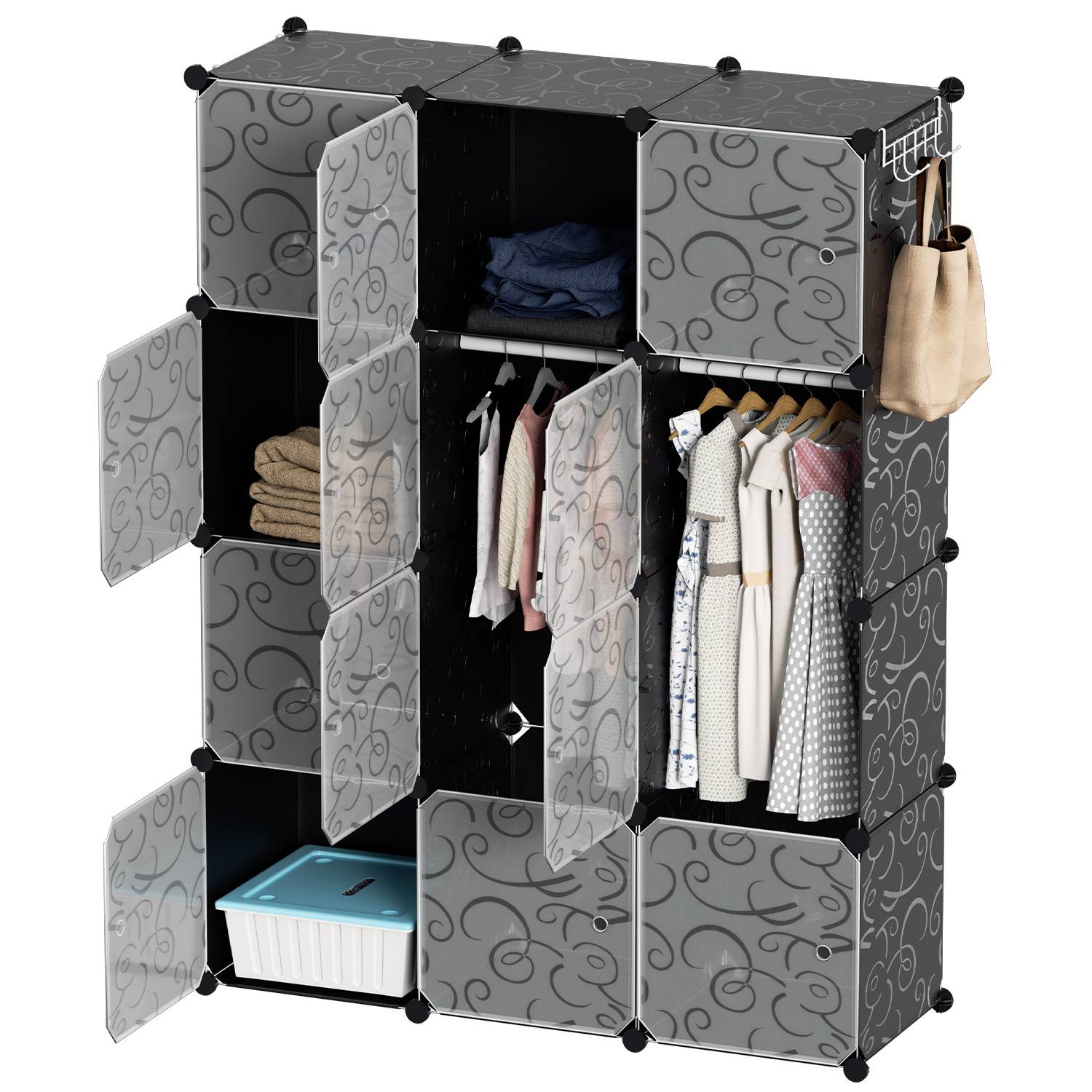 Modularer Stoffkleiderschrank-Organizer mit offenen Türen, zeigt Regale, hängende Kleidung, gefaltete Gegenstände und eine seitliche Aufbewahrungstasche.