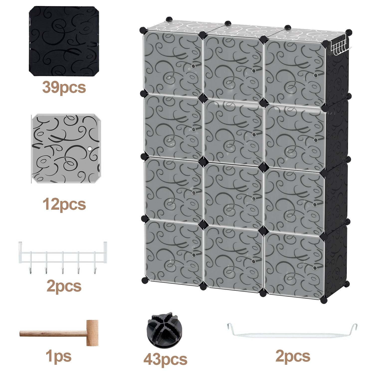 12 Fächer Kleiderschrank DIY Steckregal Set Regalsystem LBH: 140x105x35cm Kombischrank PP-Platten Garderobenschrank mit 2 Kleiderhaken
