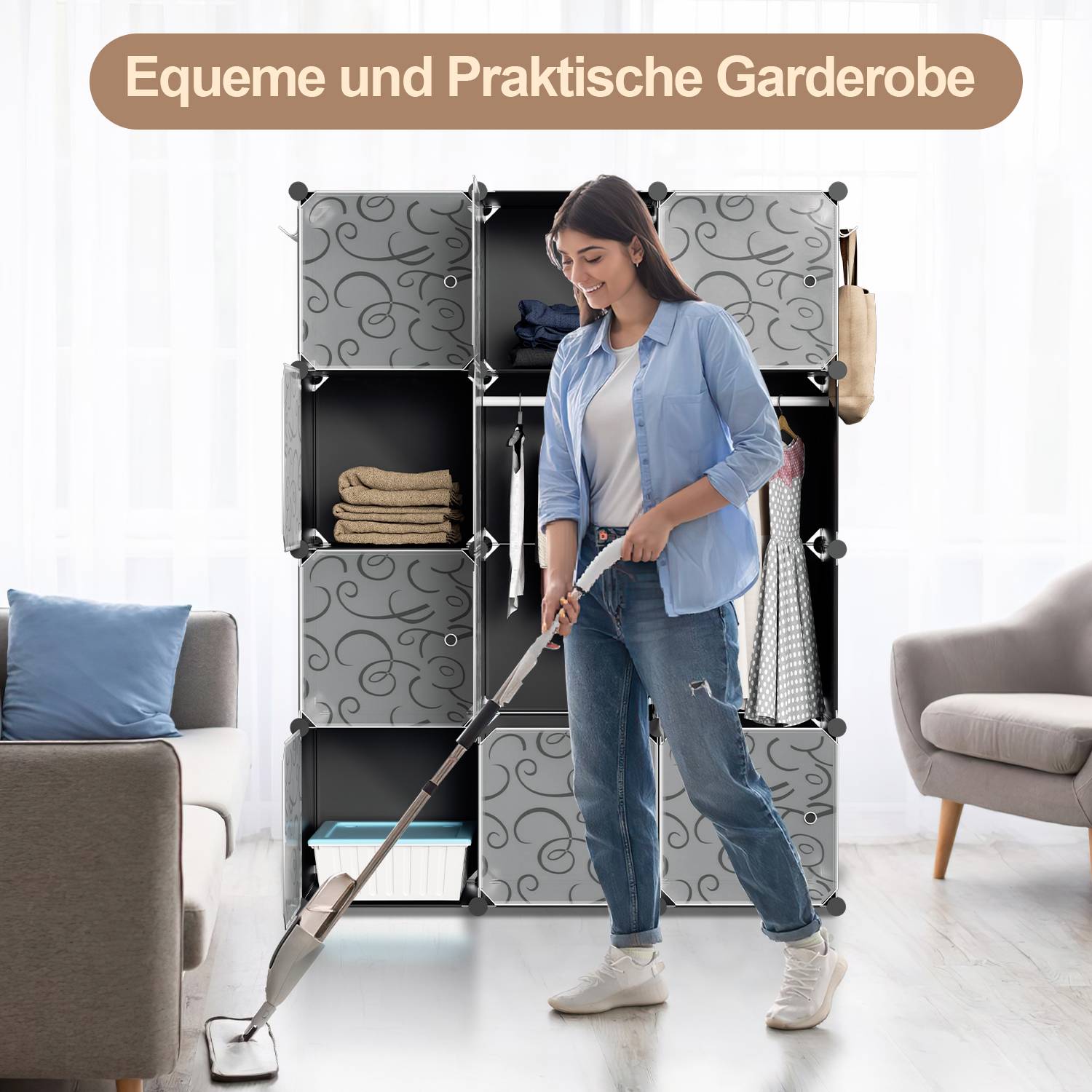 12 Fächer Kleiderschrank DIY Steckregal Set Regalsystem LBH: 140x105x35cm Kombischrank PP-Platten Garderobenschrank mit 2 Kleiderhaken