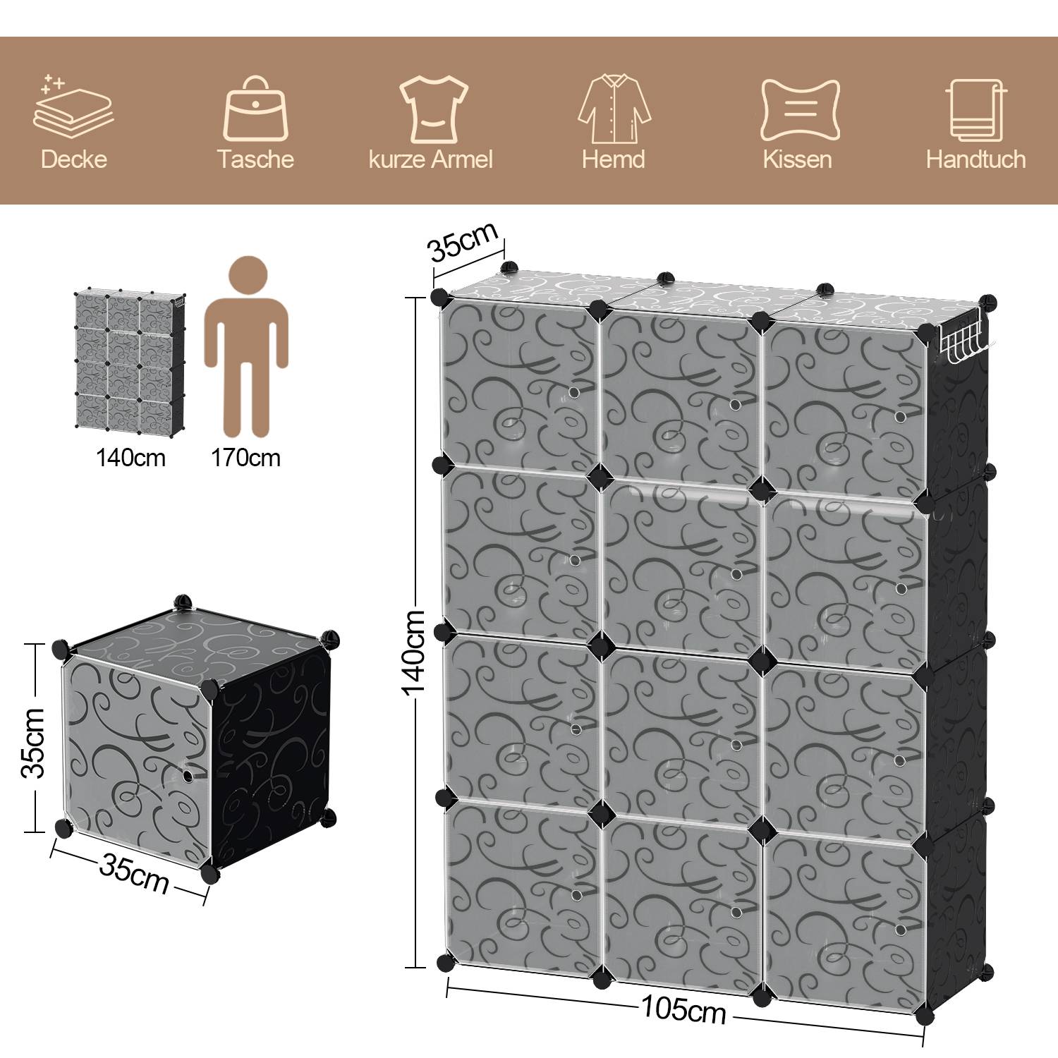 DIY Kleiderschrank 12 Fächer Steckregal Regalsystem Kombischrank Stecksystem-Set mit Tür 140x105x35cm Wasser und Staubdicht