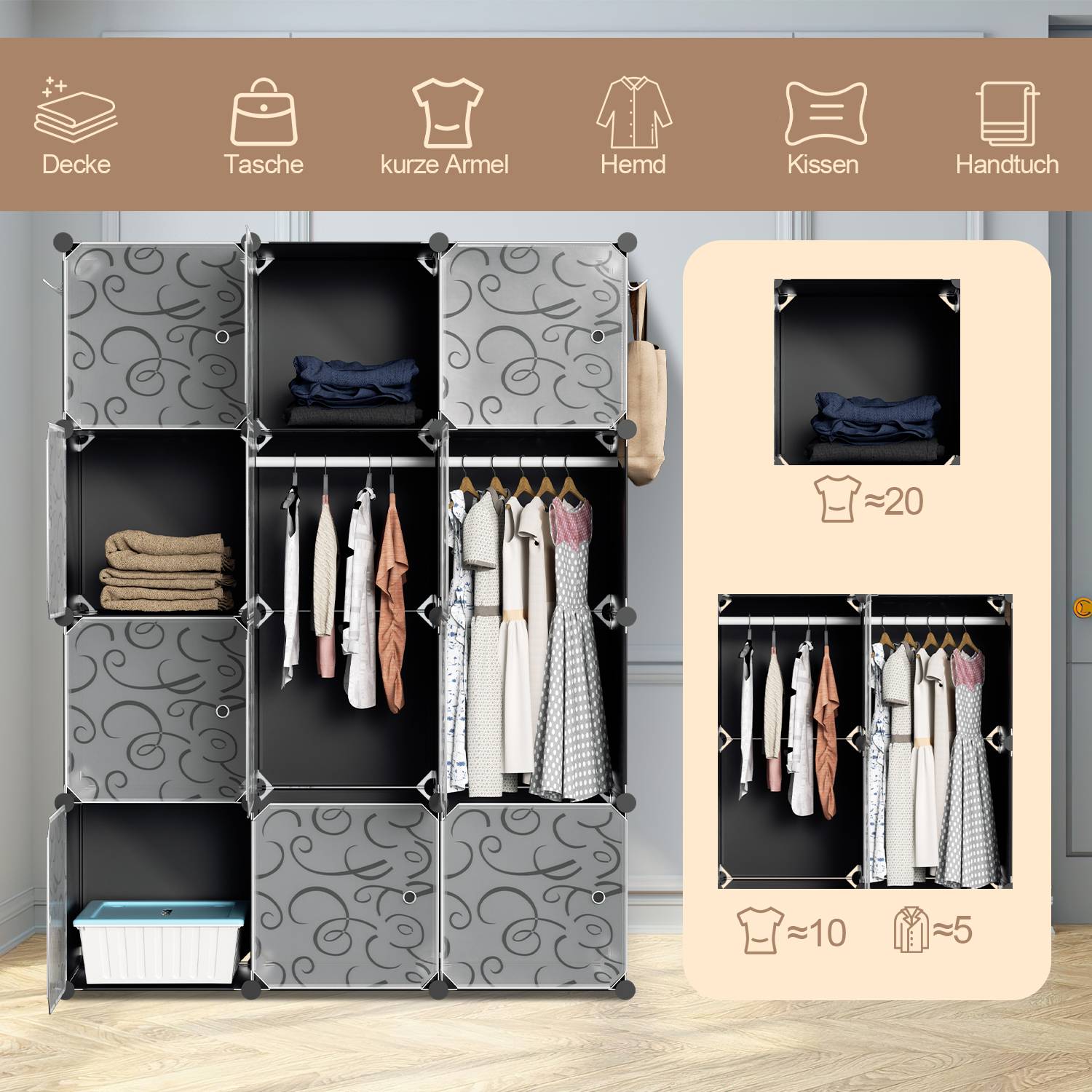 12 Fächer Kleiderschrank DIY Steckregal Set Regalsystem LBH: 140x105x35cm Kombischrank PP-Platten Garderobenschrank mit 2 Kleiderhaken