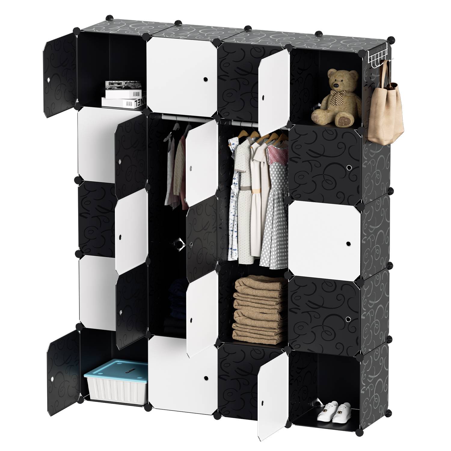 DIY Kleiderschrank 20 Fächer Steckregal Regalsystem Kombischrank Stecksystem-Set mit Tür 175x140x35cm Wasser und Staubdicht