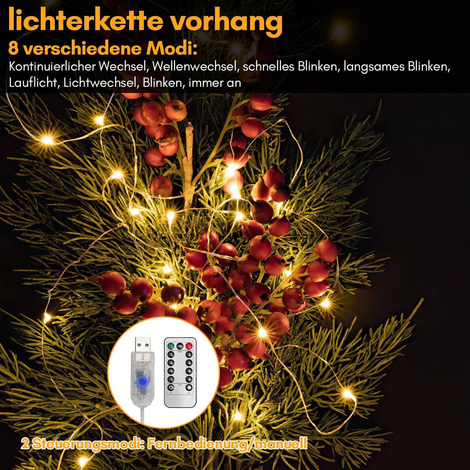 3x6M 600 LEDs Lichtervorhang 8 Lichtmodi Innen Außen Weihnachten Deko USB Lichterkette mit Fernbedienung Warmweiß