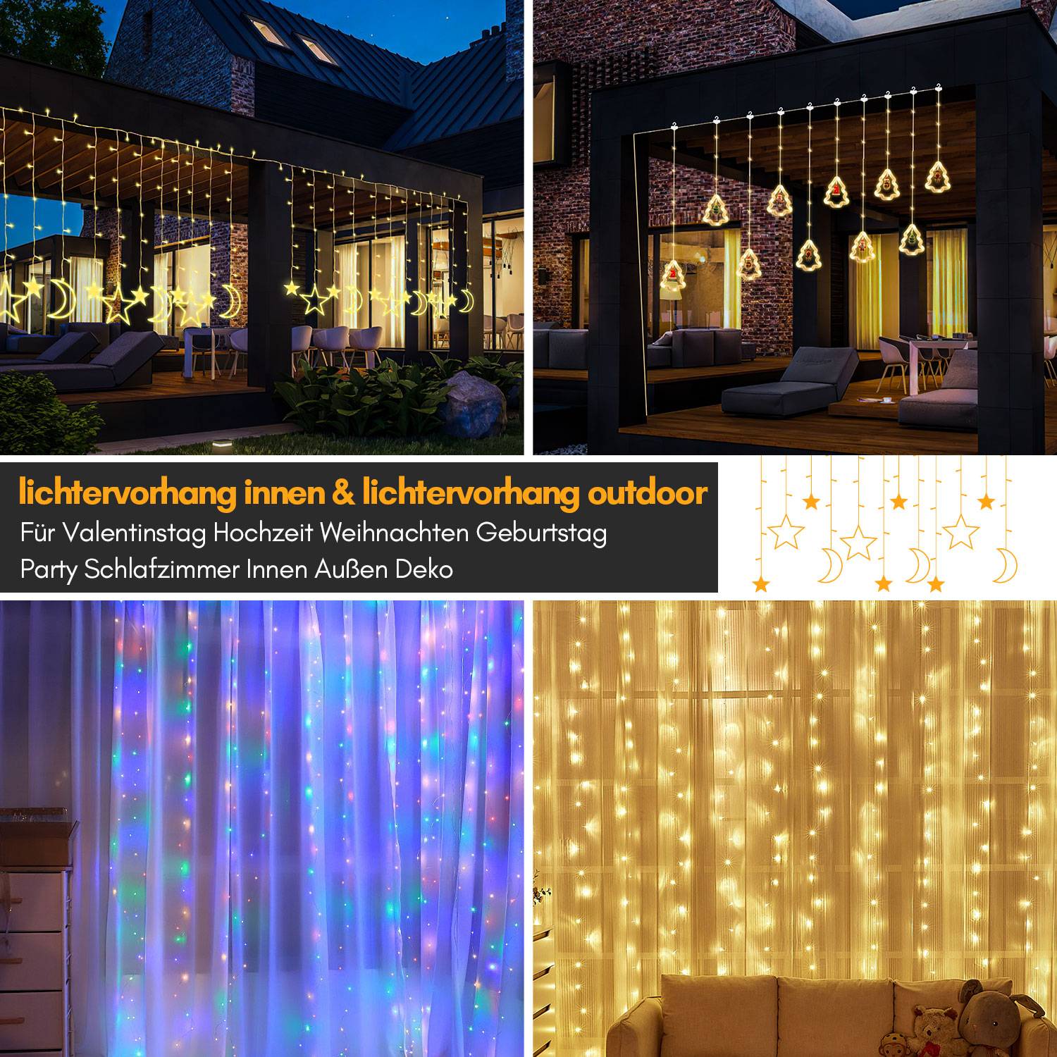 3x6M 600 LEDs Lichtervorhang 8 Lichtmodi Innen Außen Weihnachten Deko USB Lichterkette mit Fernbedienung Warmweiß
