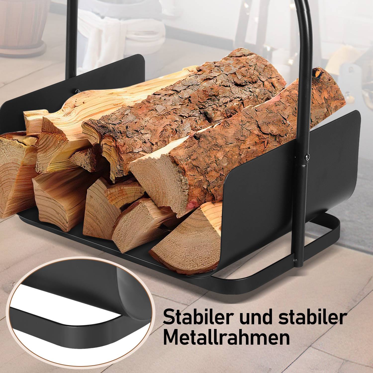Schwarzes Metall-Brennholzregal mit gestapelten Holzscheiten, mit Ausschnittsvergrößerung der stabilen Metallkonstruktion und deutschem Text „Stabiler und stabiler Metallrahmen".