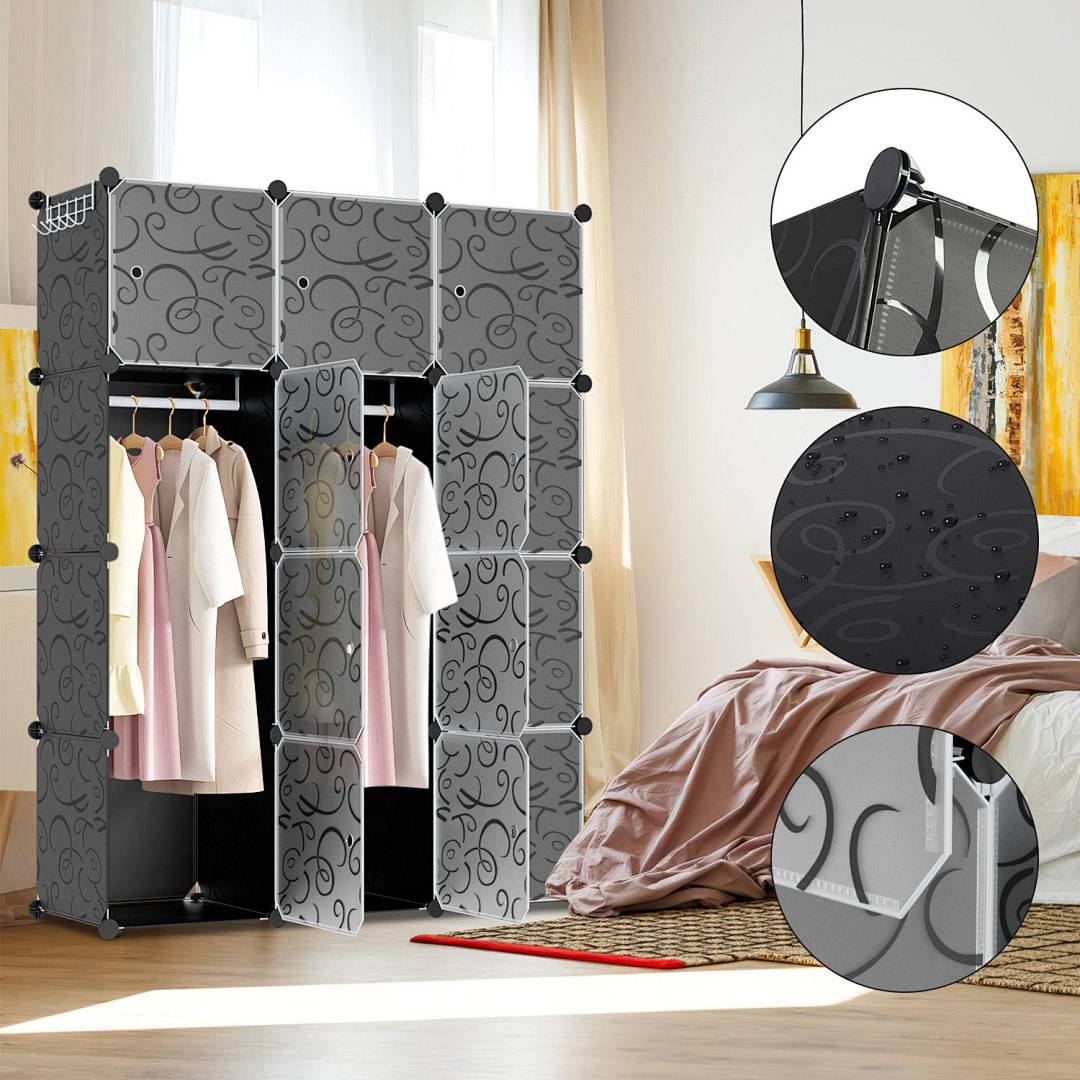 Tragbarer modularer Kleiderschrank mit hängenden Kleidern in einem Schlafzimmer, gezeigt mit Nahaufnahmen seiner Verbindungsstücke und gemusterten Lagerpaneele.