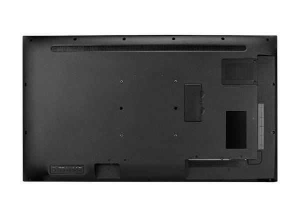 Rückansicht eines schwarzen Flat-Screen-Fernsehers mit Befestigungslöchern, Anschlussfeld und Lüftungsschlitzen, die die Konnektivitätsoptionen des Fernsehers hervorheben.