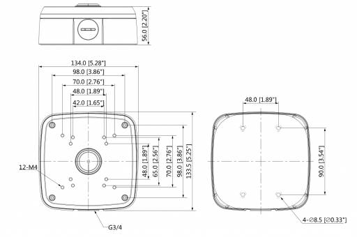 Technische Maßzeichnung eines quadratischen mechanischen Teils mit abgerundeten Ecken, zeigt Vorder- und Draufsicht mit Abmessungen in mm und Zoll, einschließlich Befestigungslöcher und zentraler Öffnung.