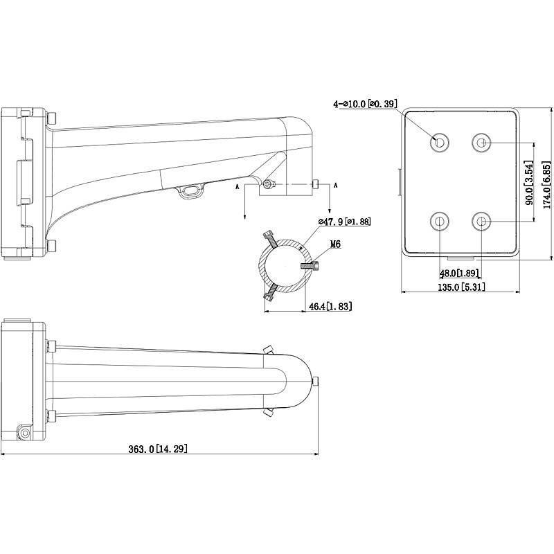 Technische Zeichnung einer Halterung: Vorder-, Seiten- und Draufsicht mit Abmessungen in Millimetern. Wichtige Abmessungen: 363 mm (Länge), 48 mm (Breite).
