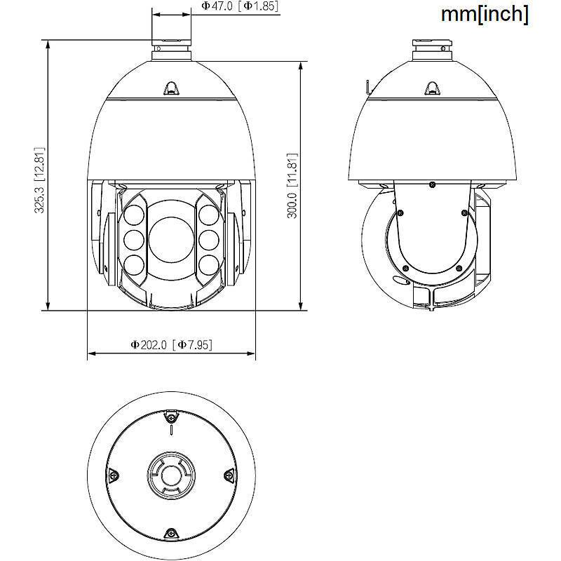 Ein technisches Diagramm, das drei Ansichten einer Kuppel-Sicherheitskamera mit Abmessungen in Millimetern und Zoll zeigt.