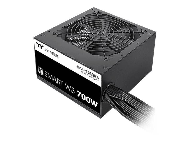 Thermaltake Smart W3 700W Computernetzteil mit Kühlventilator und angebrachten Kabeln.