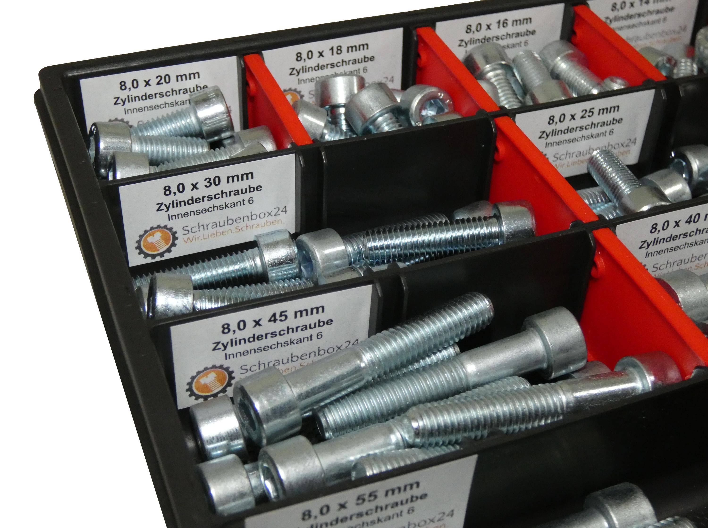 130 tlg Zylinderschrauben Sortiment M8 // 10mm-55mm Schrauben Set Schraubenbox DIN 912/ISO4762 Bolzen Vollgewindeschrauben Maschinenschrauben