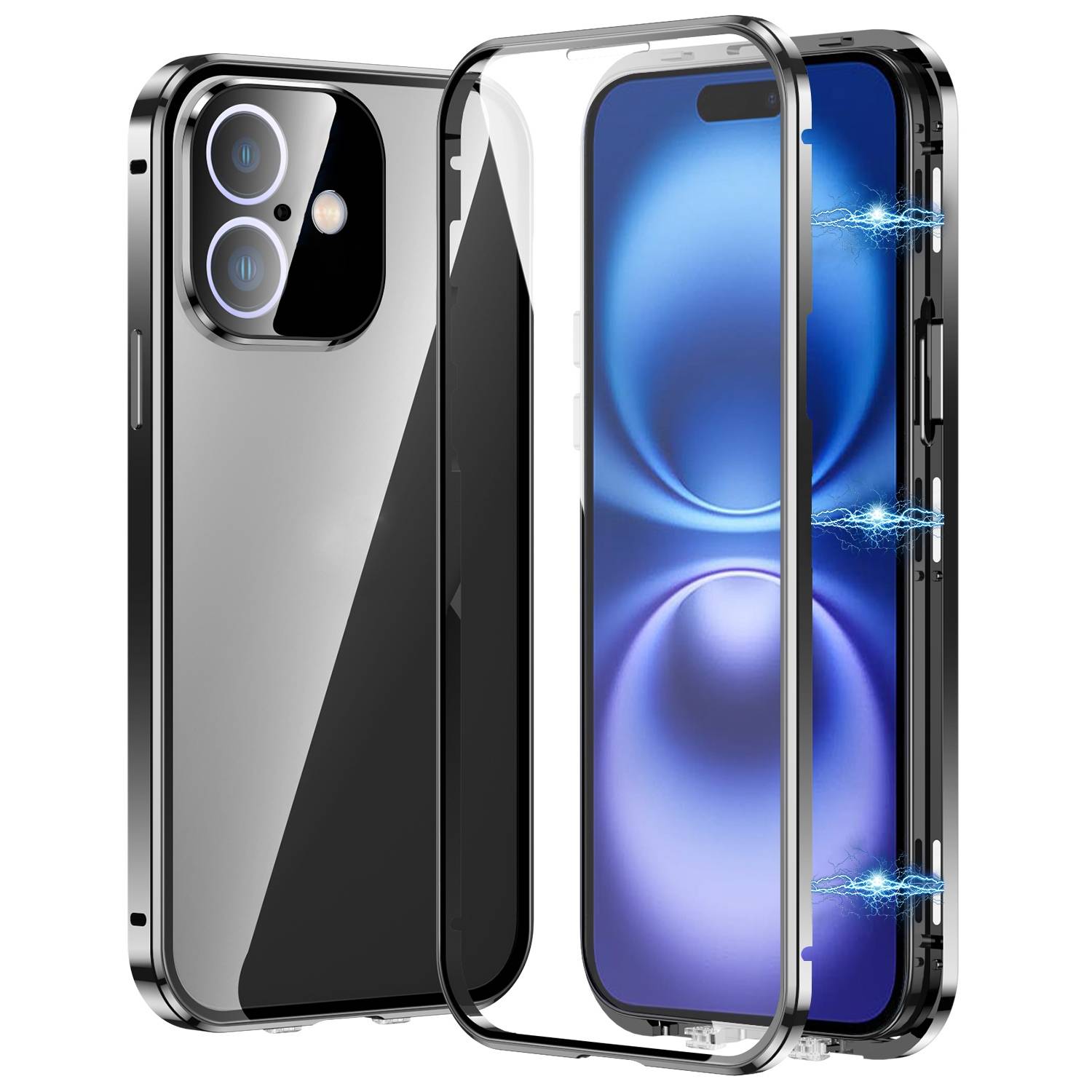 Für Apple iPhone 16 Plus Handy Tasche 360 Magnet Glas Bumper Metall Hülle Etuis Case Cover