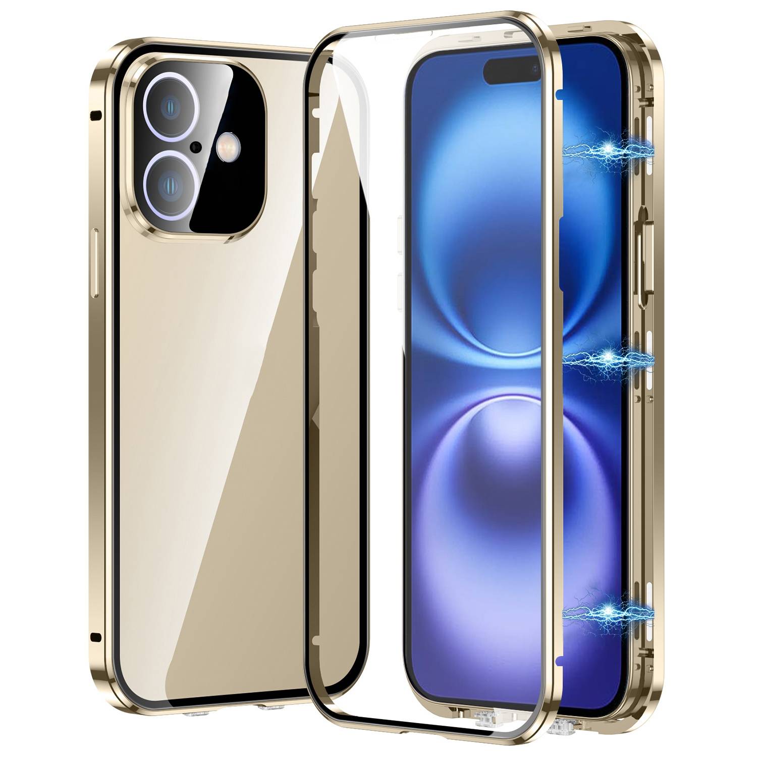 Für Apple iPhone 16 Handy Tasche 360 Magnet Glas Bumper Metall Hülle Etuis Case Cover