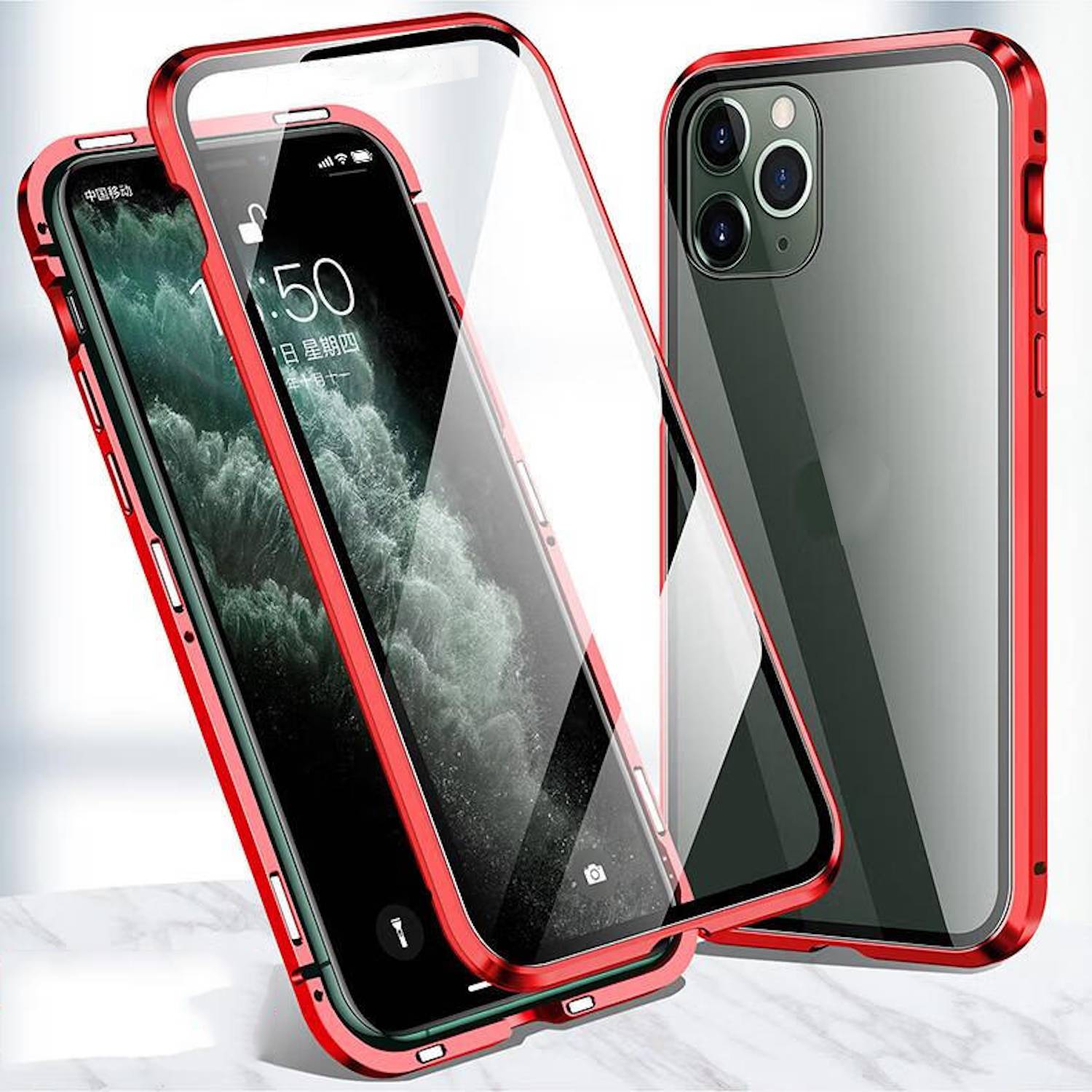 Für Apple iPhone 16 Handy Tasche 360 Magnet Glas Bumper Metall Hülle Etuis Case Cover