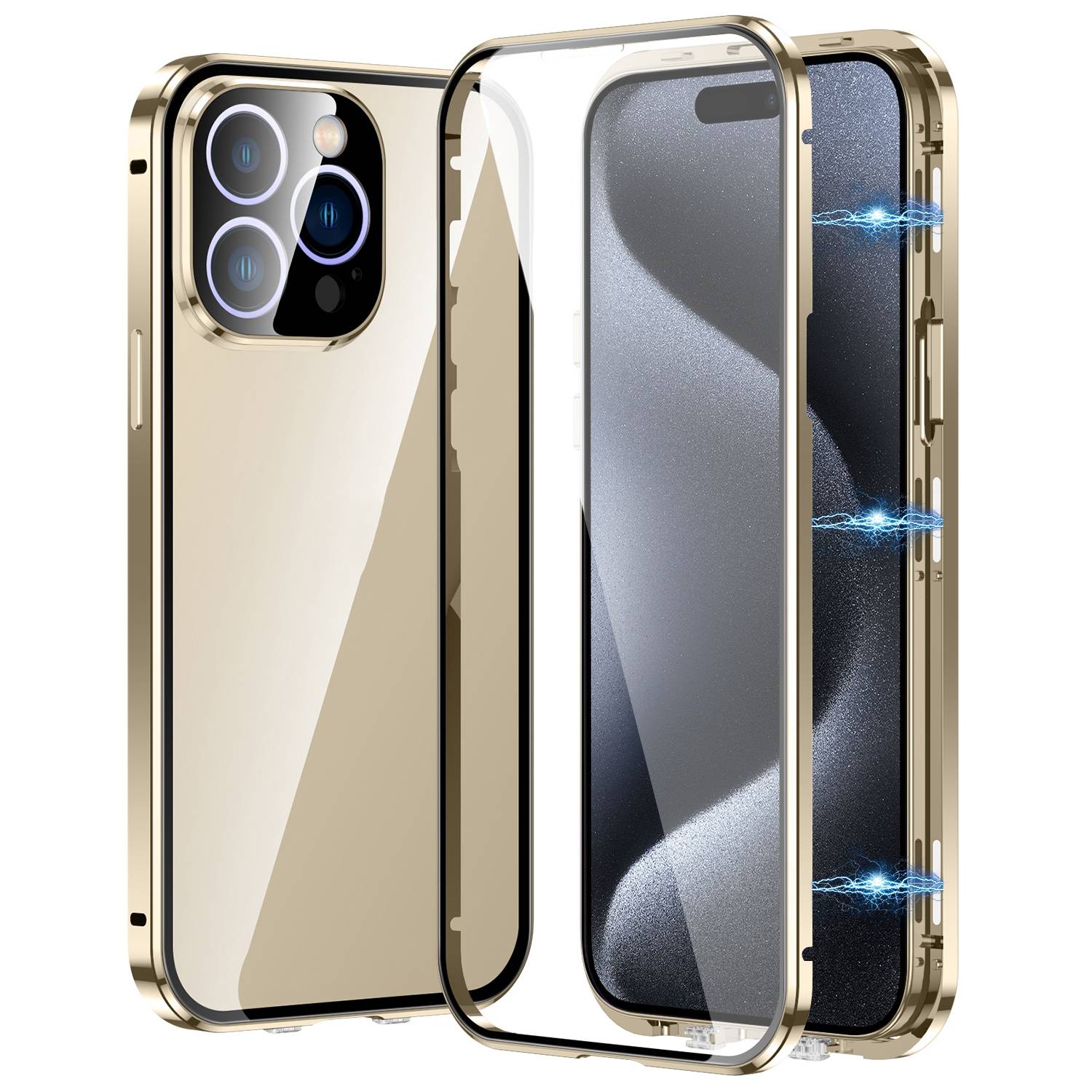 Für Apple iPhone 16 Pro Handy Tasche 360 Magnet Glas Bumper Metall Hülle Etuis Case Cover