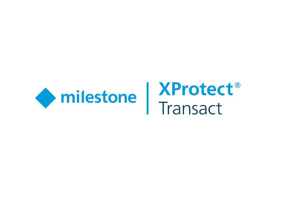 Milestone XProtect Transact-Logo auf weißem Hintergrund, mit blauem Diamantsymbol und dem Milestone-Namen neben dem Produkttitel.