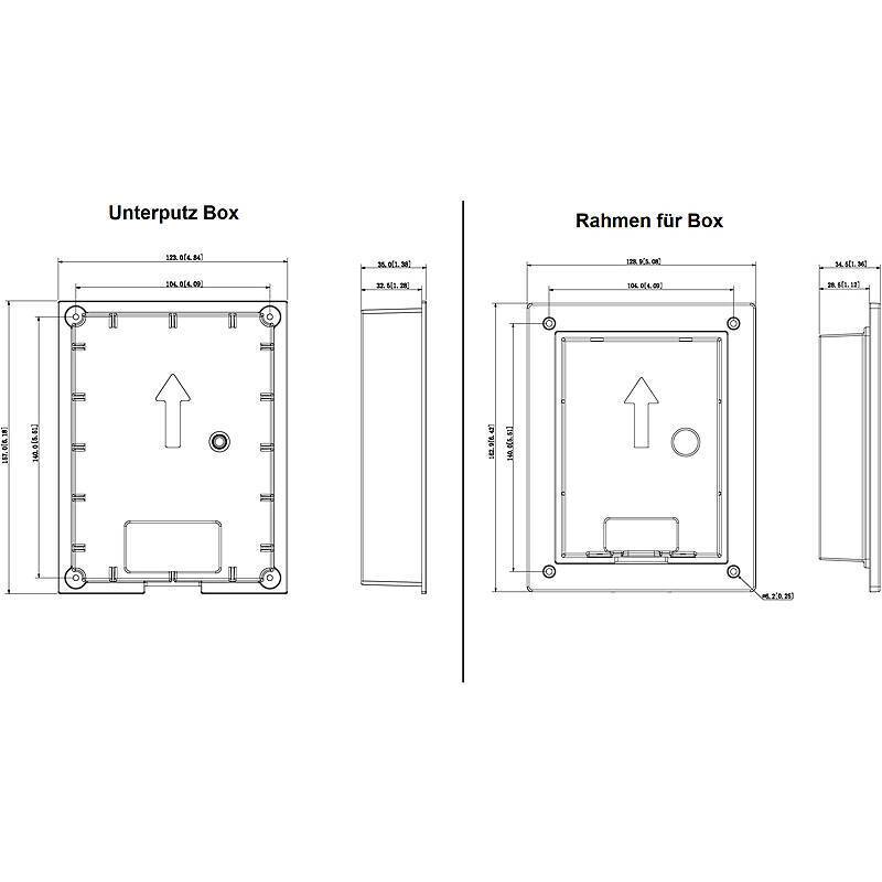 Unterputzkasten und Rahmen technische Zeichnung, mit Abmessungen und Pfeilen für Installationsanleitung. Text: 'Unterputzkasten', 'Rahmen für Kasten'.