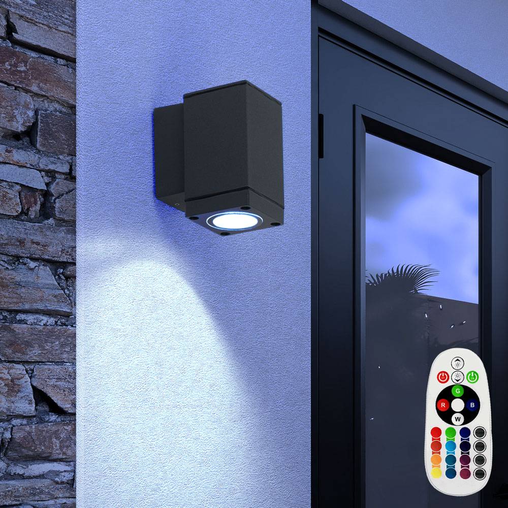 Wandleuchte grau Aluminium Außenleuchte Wandlampe Hauswandleuchte, Fernbedienung dimmbar, RGB LED 3,4W 290Lm warmweiß, LxBxH 6,3x9,9x11,2 cm