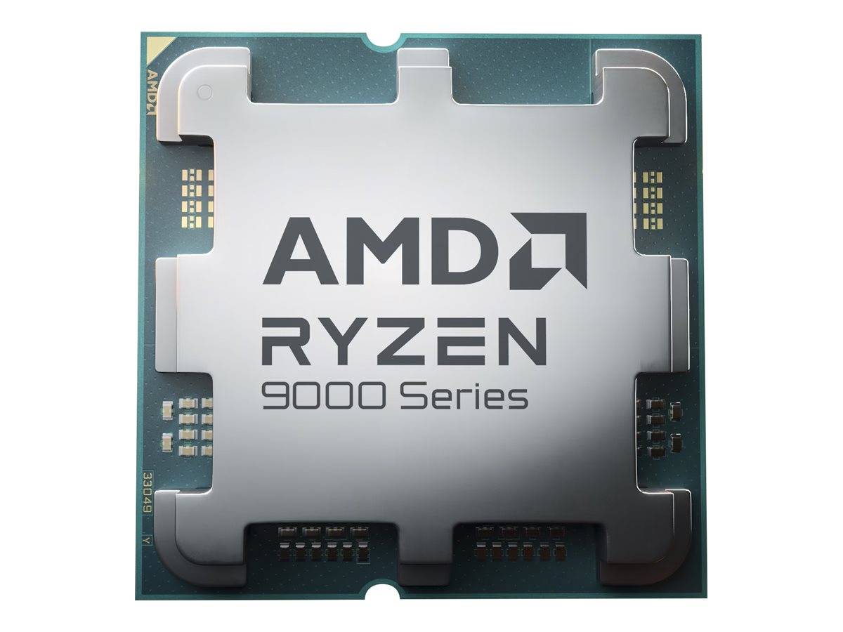 AMD Ryzen 9000 Serie Desktop-Prozessor-Chip von vorne gezeigt, mit Logo und metallischem Wärmeverteiler auf dem Schaltungssubstrat sichtbar.