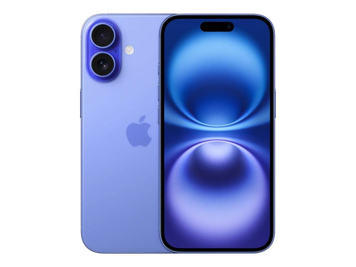 Front- und Rückansicht eines violetten iPhones mit Dual-Rückkameras und einem blauen abstrakten Hintergrundbild auf dem Bildschirm.