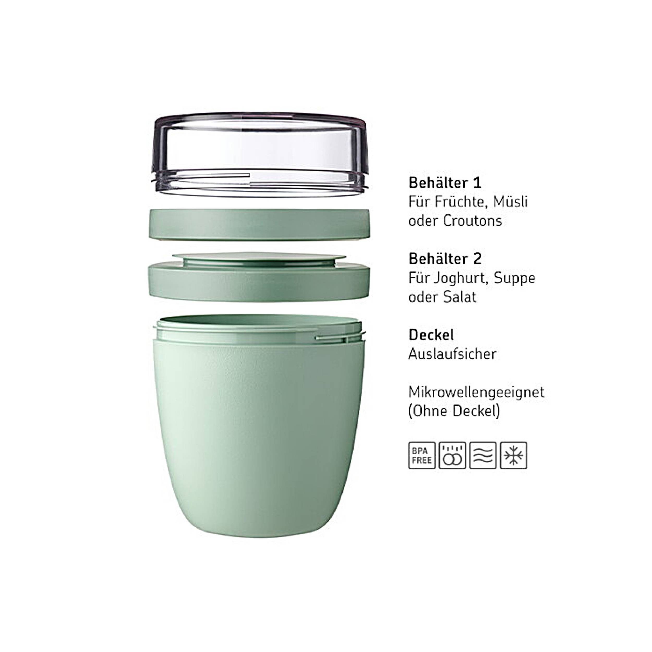 Mepal | Lunchpot Ellipse | Nordic Sage & Vivid Lilac | praktischer Müslibecher to go | separates Fach für Joghurt und Müsli | 500 ml + 200 ml | gee