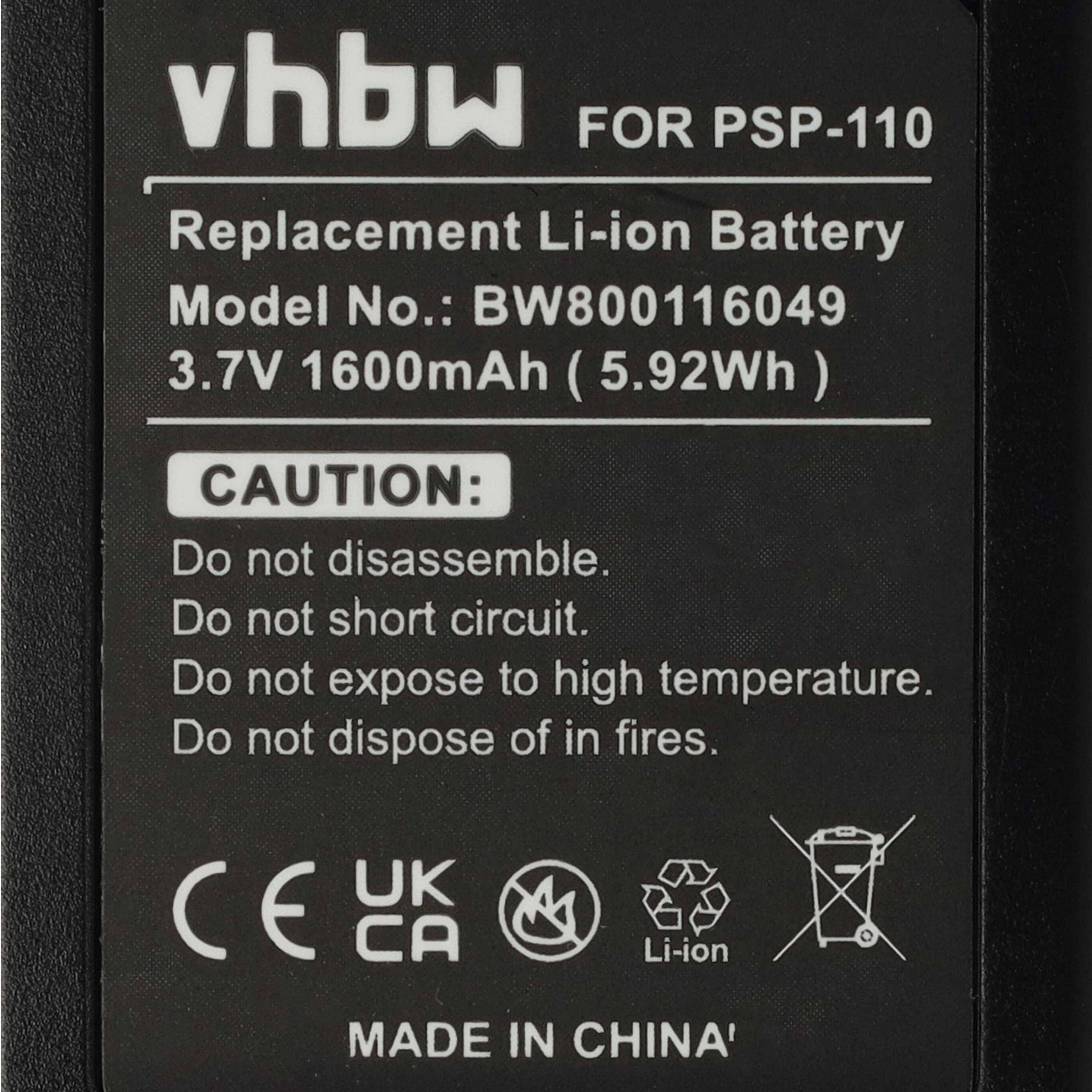 vhbw 2x Akku kompatibel mit Playstation Portable PSP-1006, PSP-1004, PSP-1008, PSP-1007, PSP-1005, PSP-1010 (1600 mAh, 3,7 V, Li-Ion) - Ersatz für