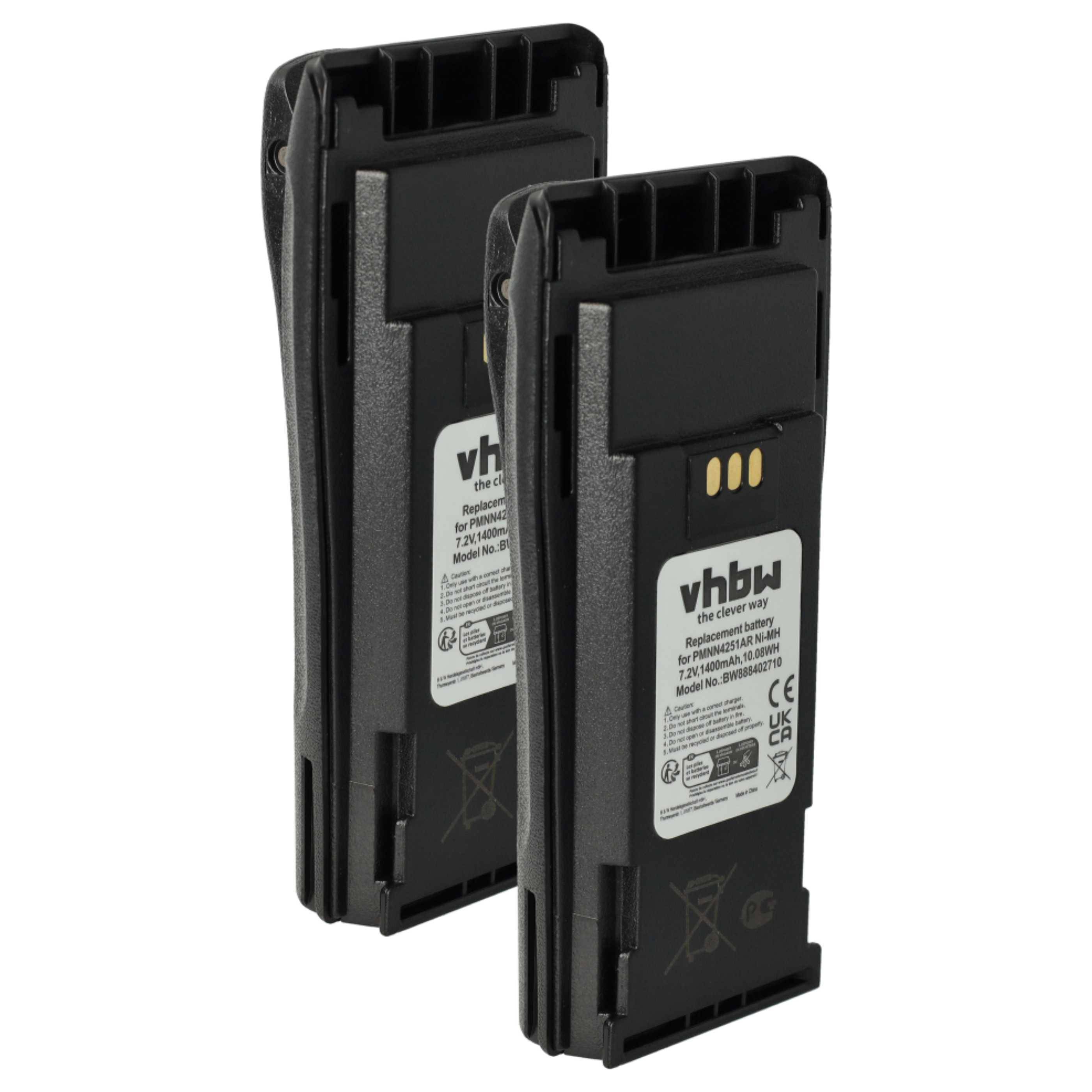 vhbw 2x Akku Ersatz für Motorola NNTN4970A, NNTN4970, NNTN4851R für Funkgerät, Walkie Talkie (1400 mAh, 7,2 V, NiMH) + Gürtelclip