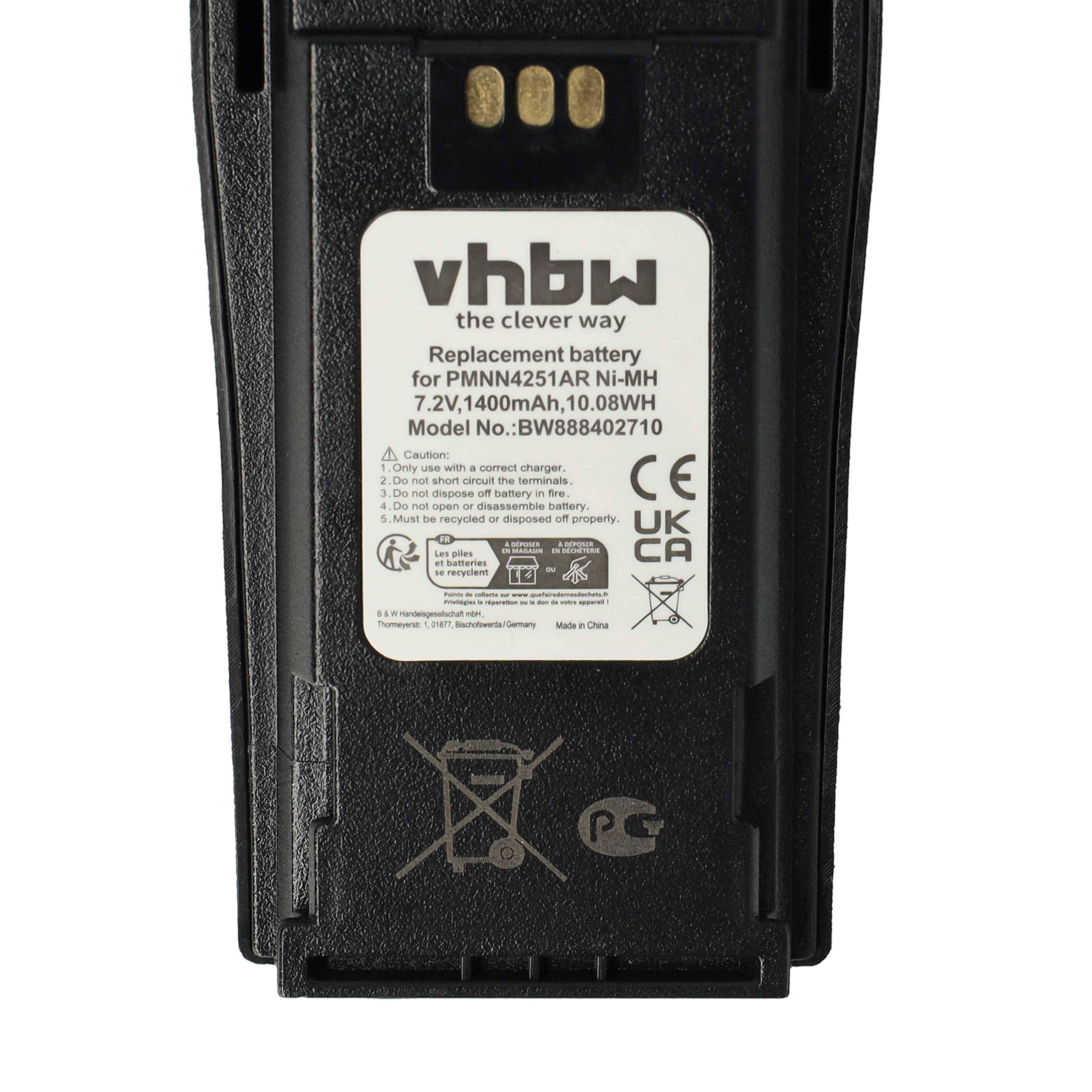 vhbw 2x Akku Ersatz für Motorola PMNN4251, NTN4970, NTN4497AR für Funkgerät, Walkie Talkie (1400 mAh, 7,2 V, NiMH) + Gürtelclip