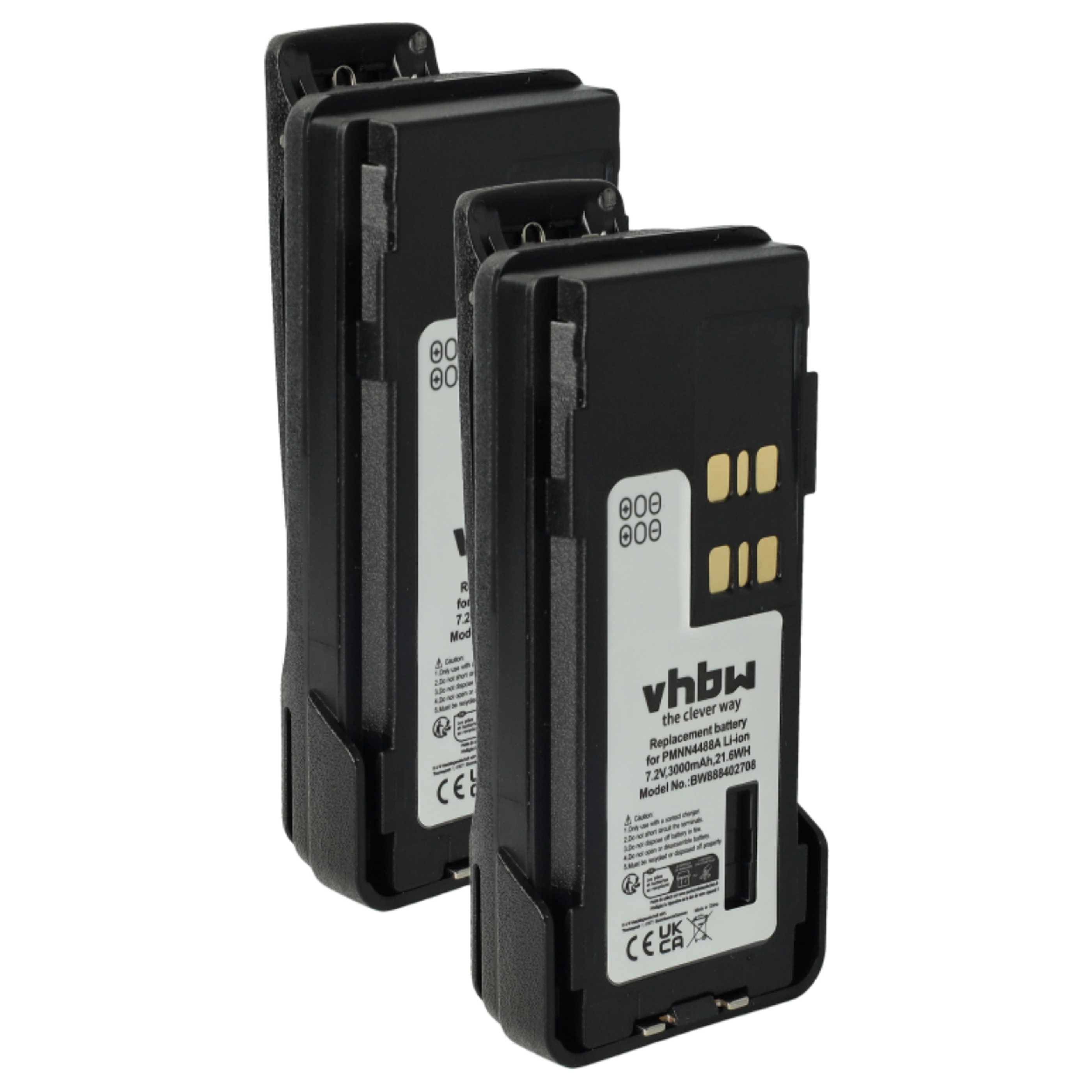 vhbw 2x Akku Ersatz für Motorola PMNN441, PMNN4415, PMNN4415AR für Funkgerät, Walkie Talkie (3000 mAh, 7,2 V, Li-Ion) + Gürtelclip