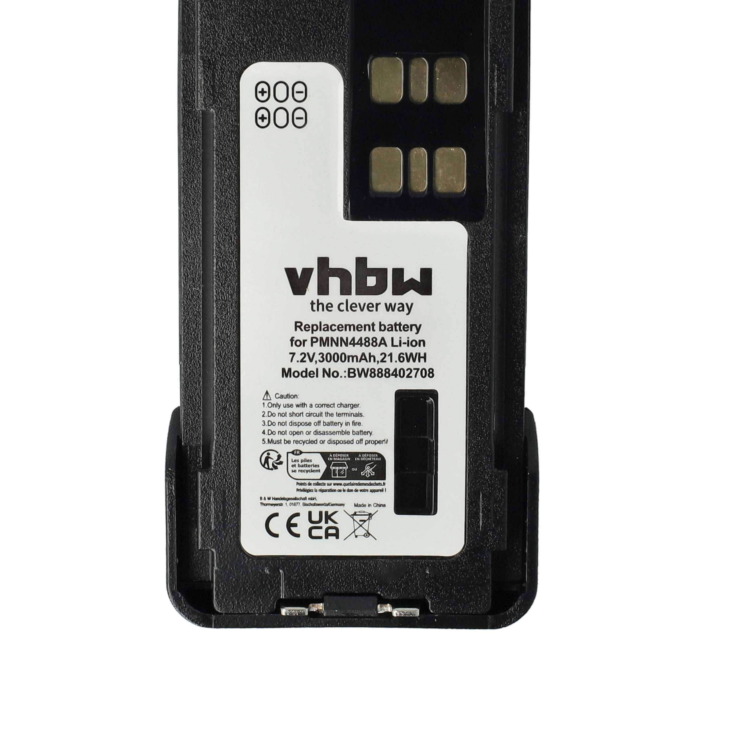 vhbw 2x Akku Ersatz für Motorola PMNN4418, PMNN4418AR, PMNN4488a für Funkgerät, Walkie Talkie (3000 mAh, 7,2 V, Li-Ion) + Gürtelclip