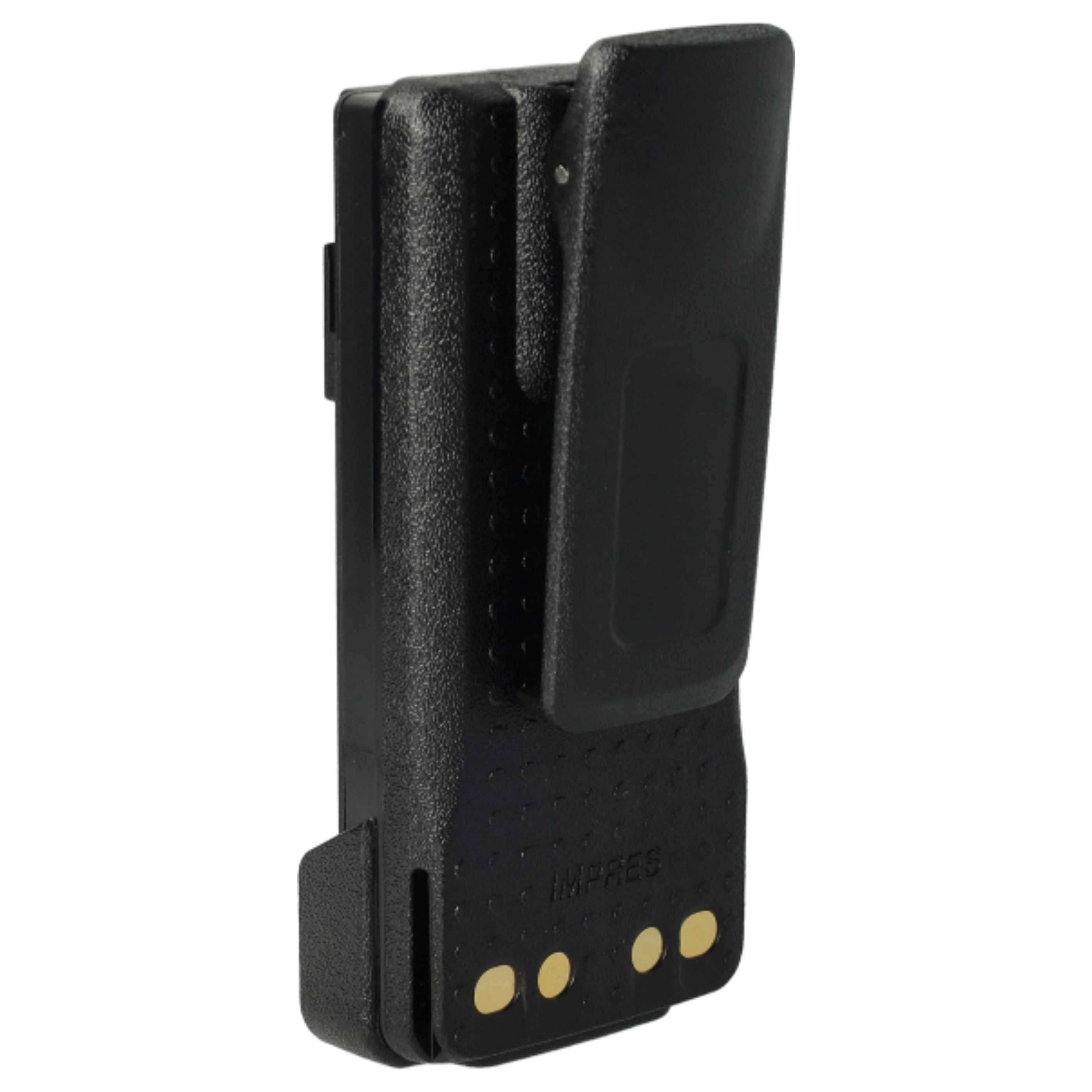Eine schwarze bidirektionale Funkfunkbatterie mit drei goldenen Kontaktpunkten und einem Gürtelclip auf einer Seite.