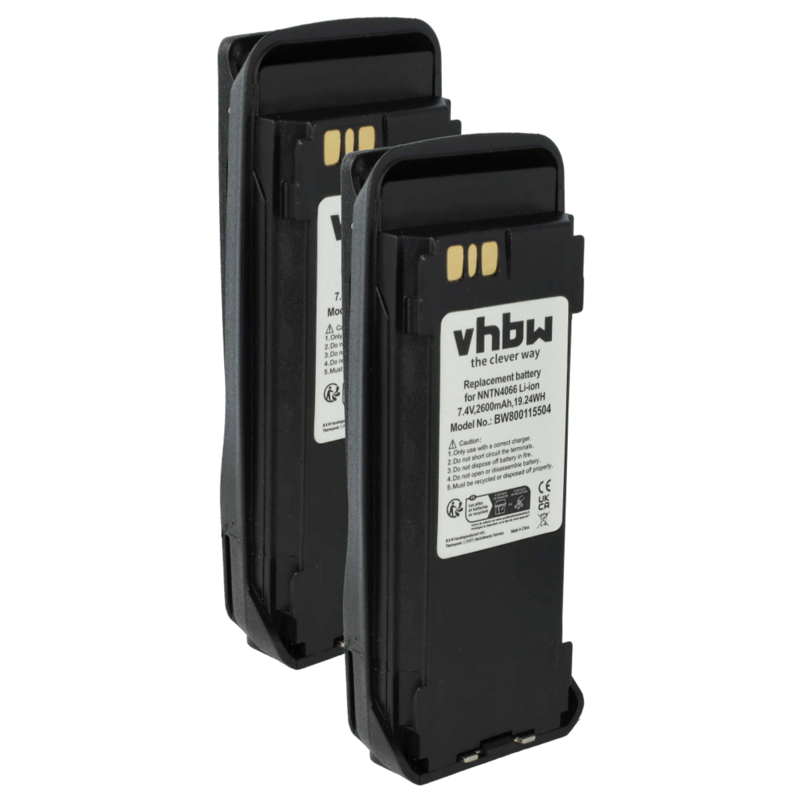 vhbw 2x Akku Ersatz für Motorola PMNN4066A, PMNN4077, PMNN4069A für Funkgerät, Walkie Talkie (2600 mAh, 7,4 V, Li-Ion) + Gürtelclip